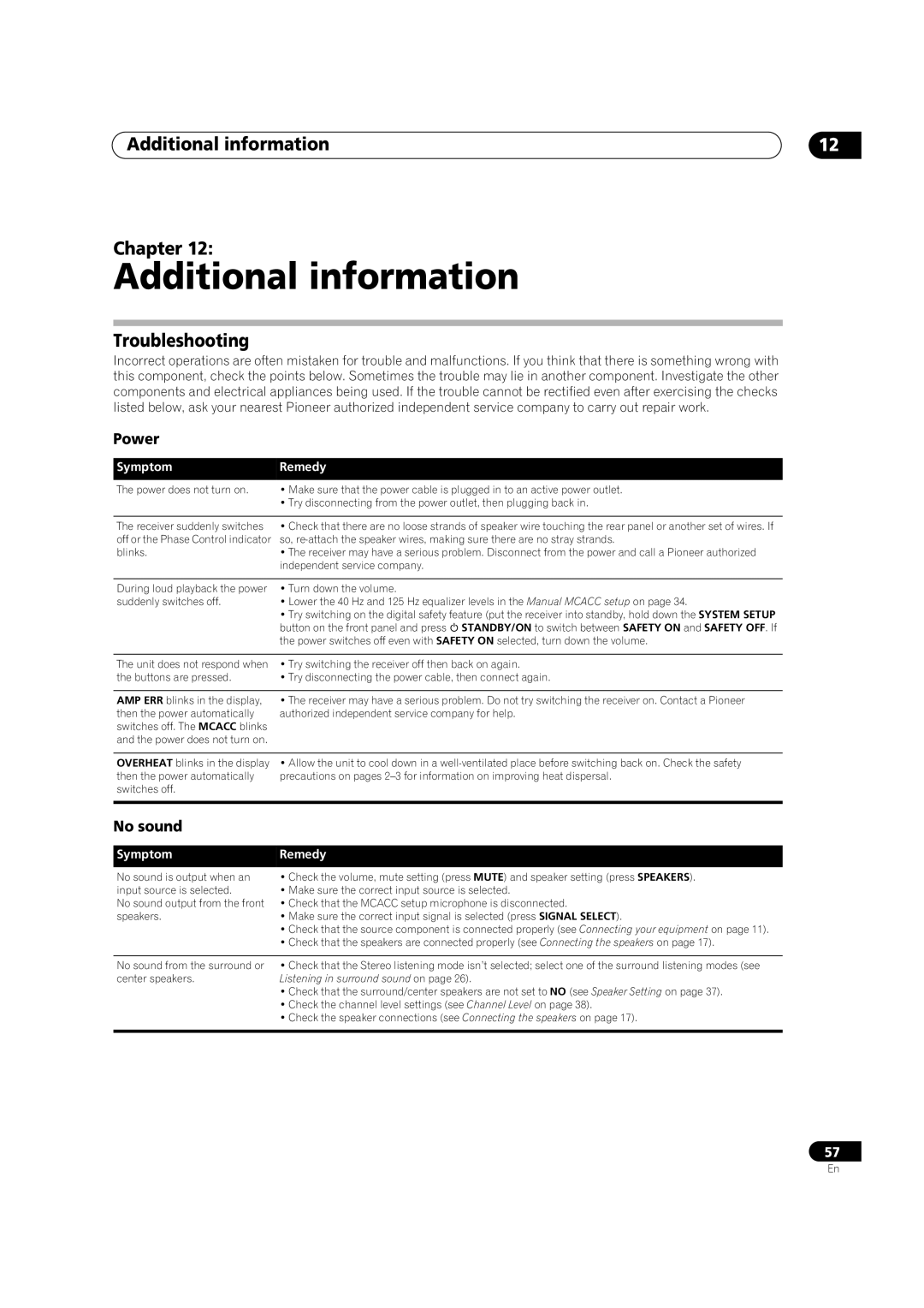 Pioneer VSX-1016TXV-K operating instructions Additional information Chapter, Troubleshooting, Power, No sound 