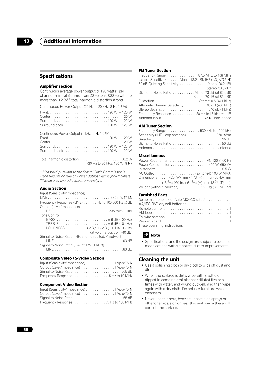 Pioneer VSX-1016TXV-K operating instructions Additional information Specifications, Cleaning the unit 