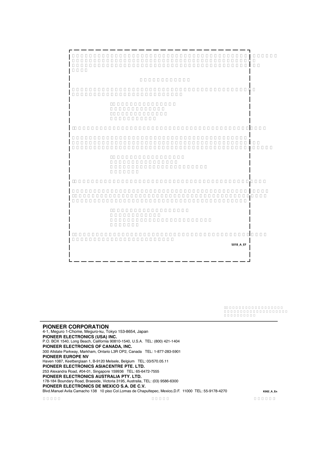 Pioneer VSX-1016TXV-K operating instructions Pioneer Corporation 