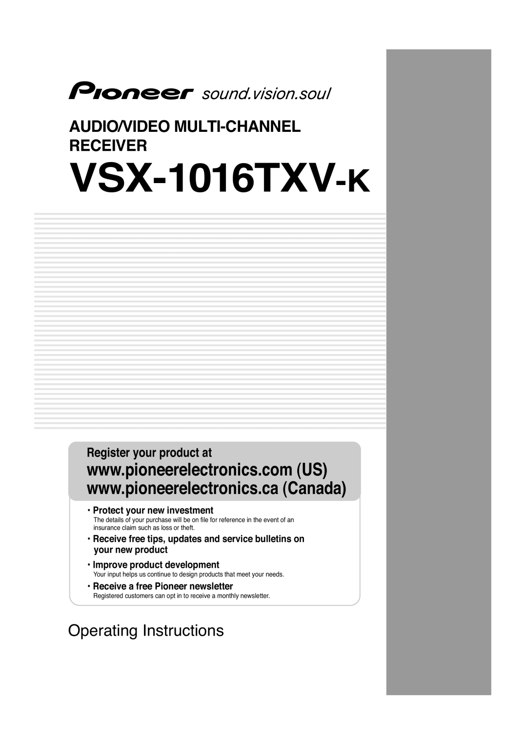 Pioneer VSX-1016TXV-K operating instructions Audio/Video Multi-Channelreceiver, Operating Instructions 