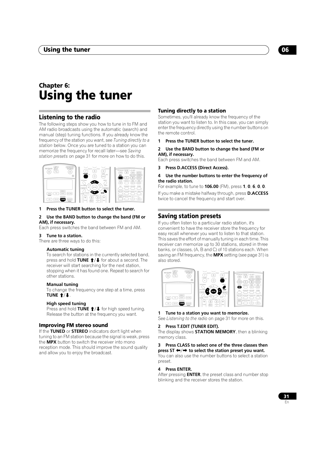 Pioneer VSX-1016TXV-K operating instructions Using the tuner Chapter, Listening to the radio, Saving station presets 