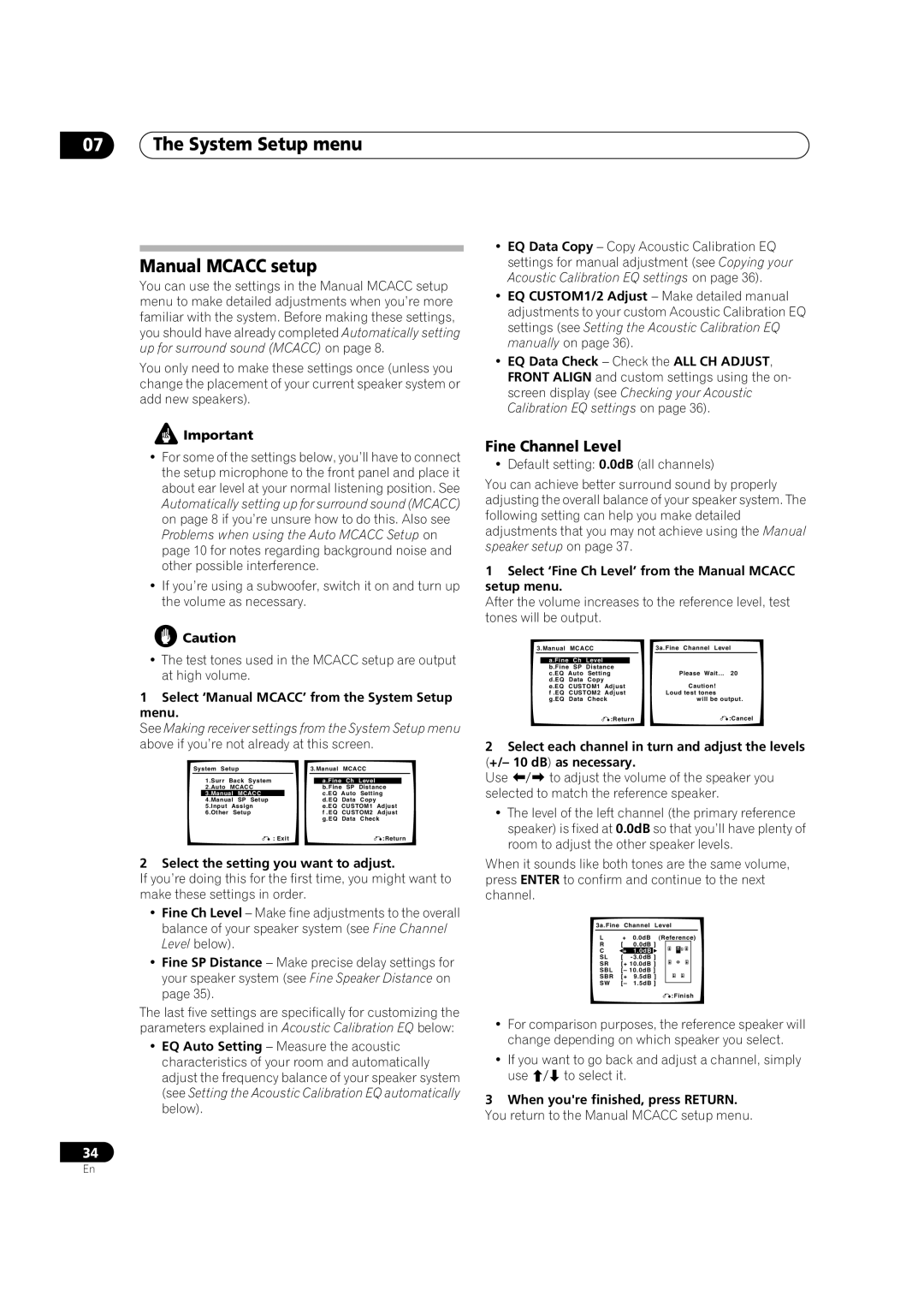 Pioneer VSX-1016TXV-K operating instructions 07The System Setup menu Manual MCACC setup, Fine Channel Level 