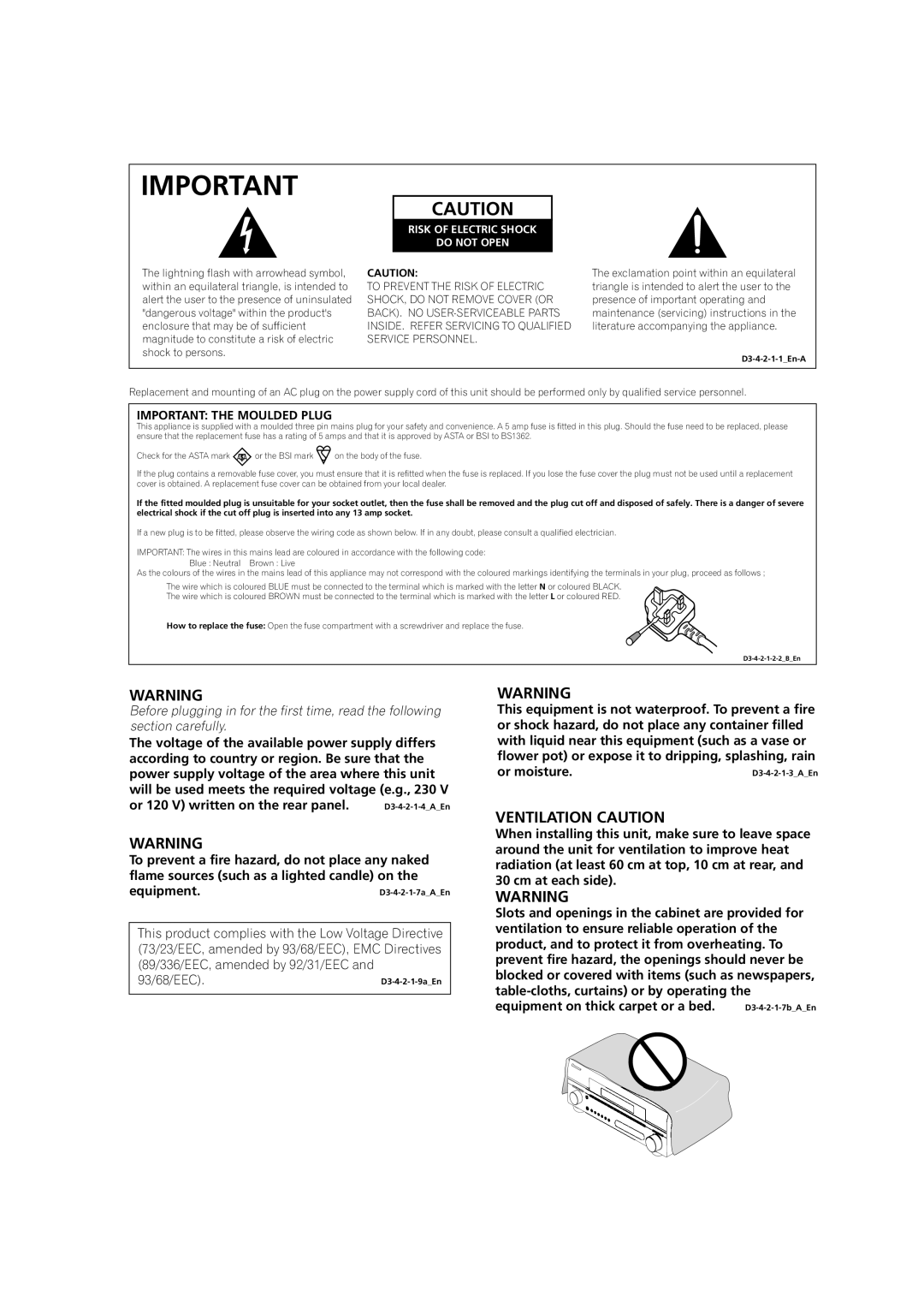 Pioneer VSX-1016V-K, VSX-1016V-S manual Important the Moulded Plug, Risk of Electric Shock Do not Open 