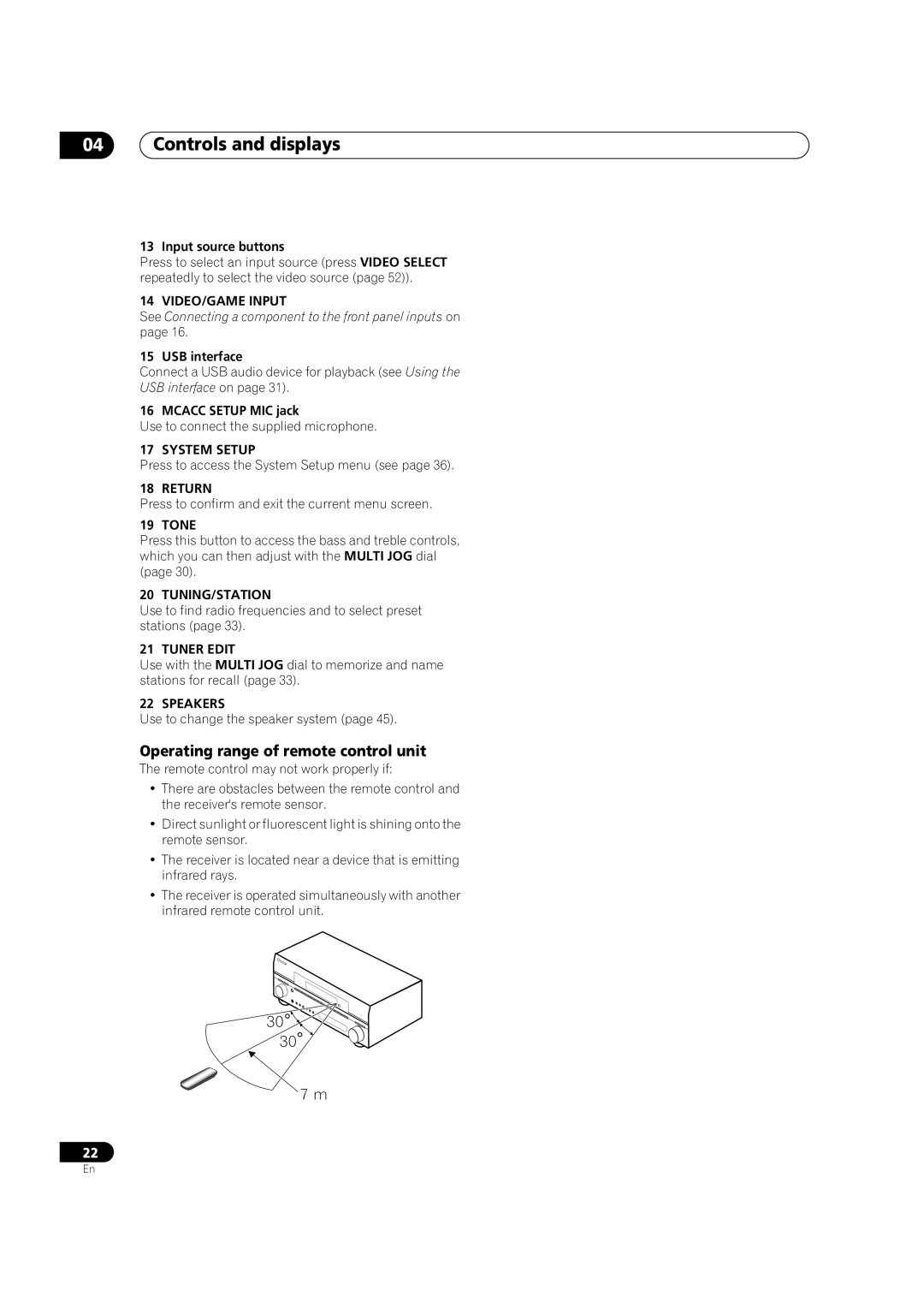 Pioneer VSX-1016V-K, VSX-1016V-S manual Controls and displays, Operating range of remote control unit 