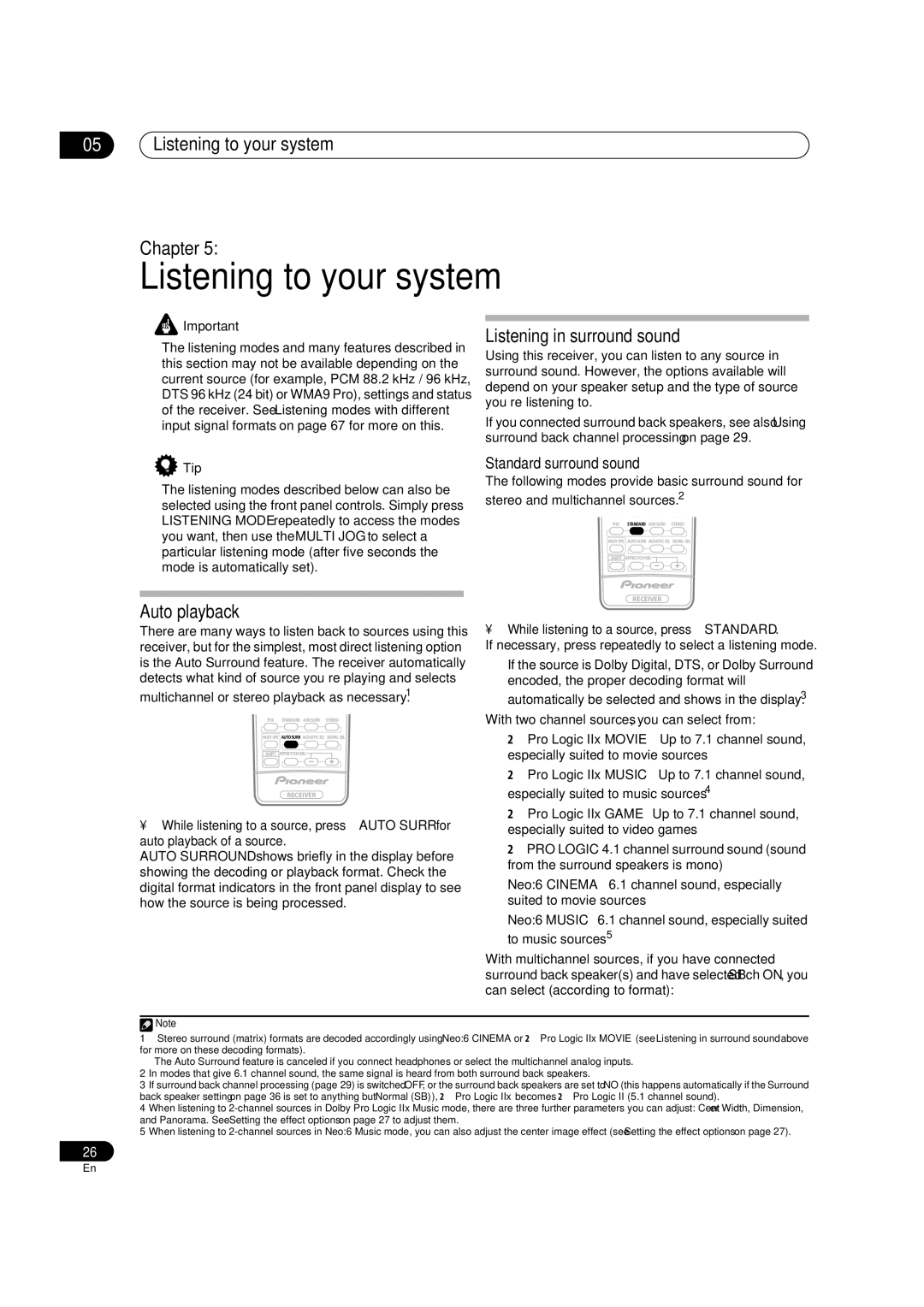 Pioneer VSX-1016V-K, VSX-1016V-S manual Listening to your system Chapter, Auto playback Listening in surround sound 