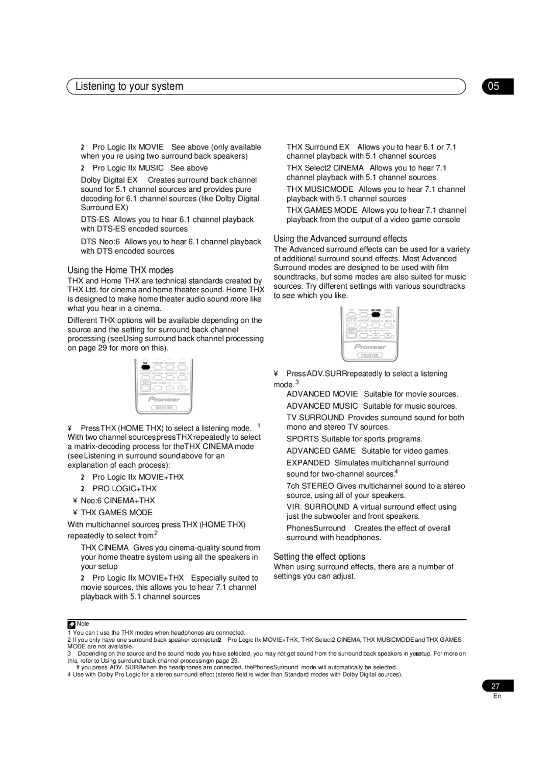 Pioneer VSX-1016V-S, VSX-1016V-K Listening to your system, Using the Home THX modes, Using the Advanced surround effects 