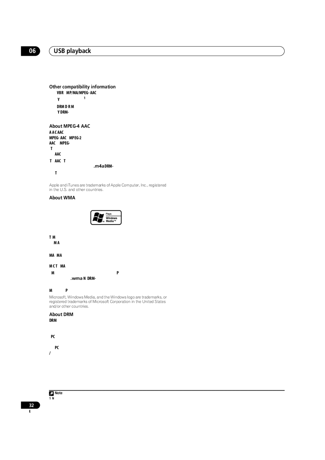 Pioneer VSX-1016V-K, VSX-1016V-S USB playback, Other compatibility information, About MPEG-4 AAC, About WMA, About DRM 