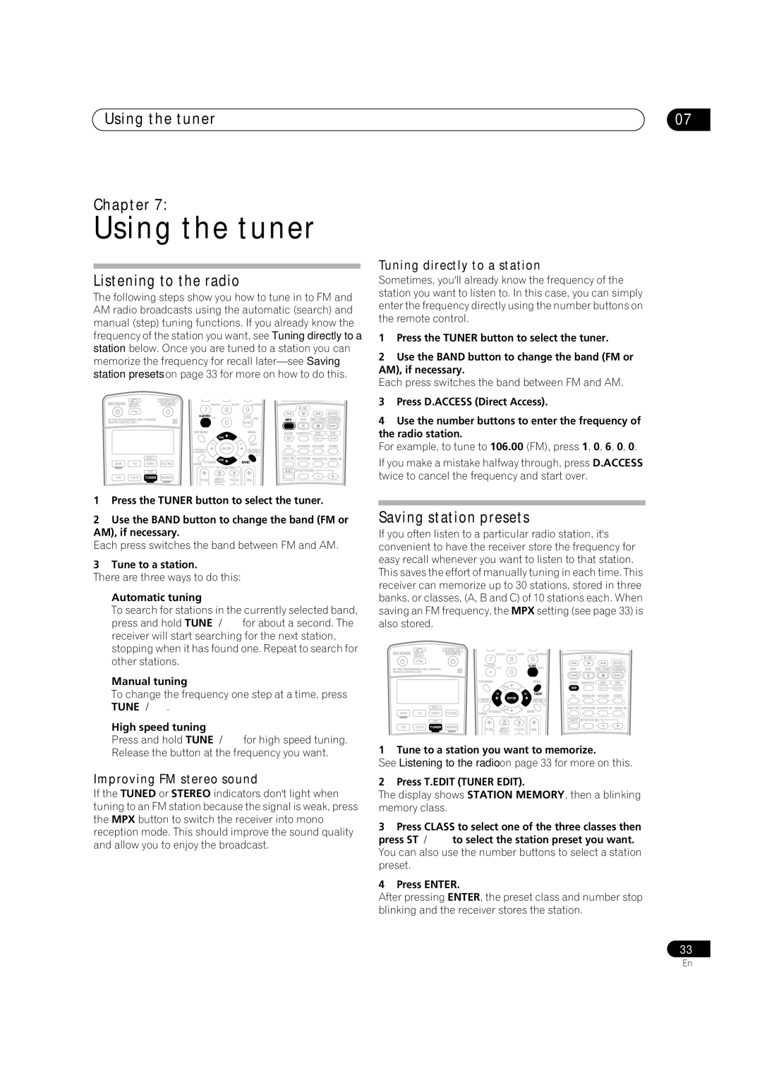 Pioneer VSX-1016V-S, VSX-1016V-K manual Using the tuner Chapter, Listening to the radio, Saving station presets 