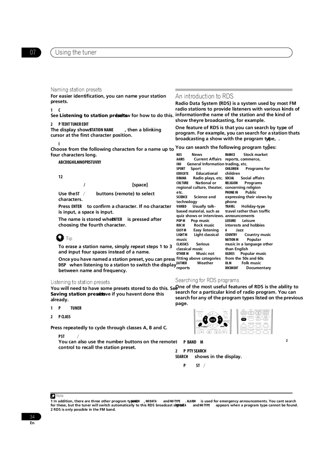 Pioneer VSX-1016V-K manual Using the tuner, An introduction to RDS, Naming station presets, Listening to station presets 