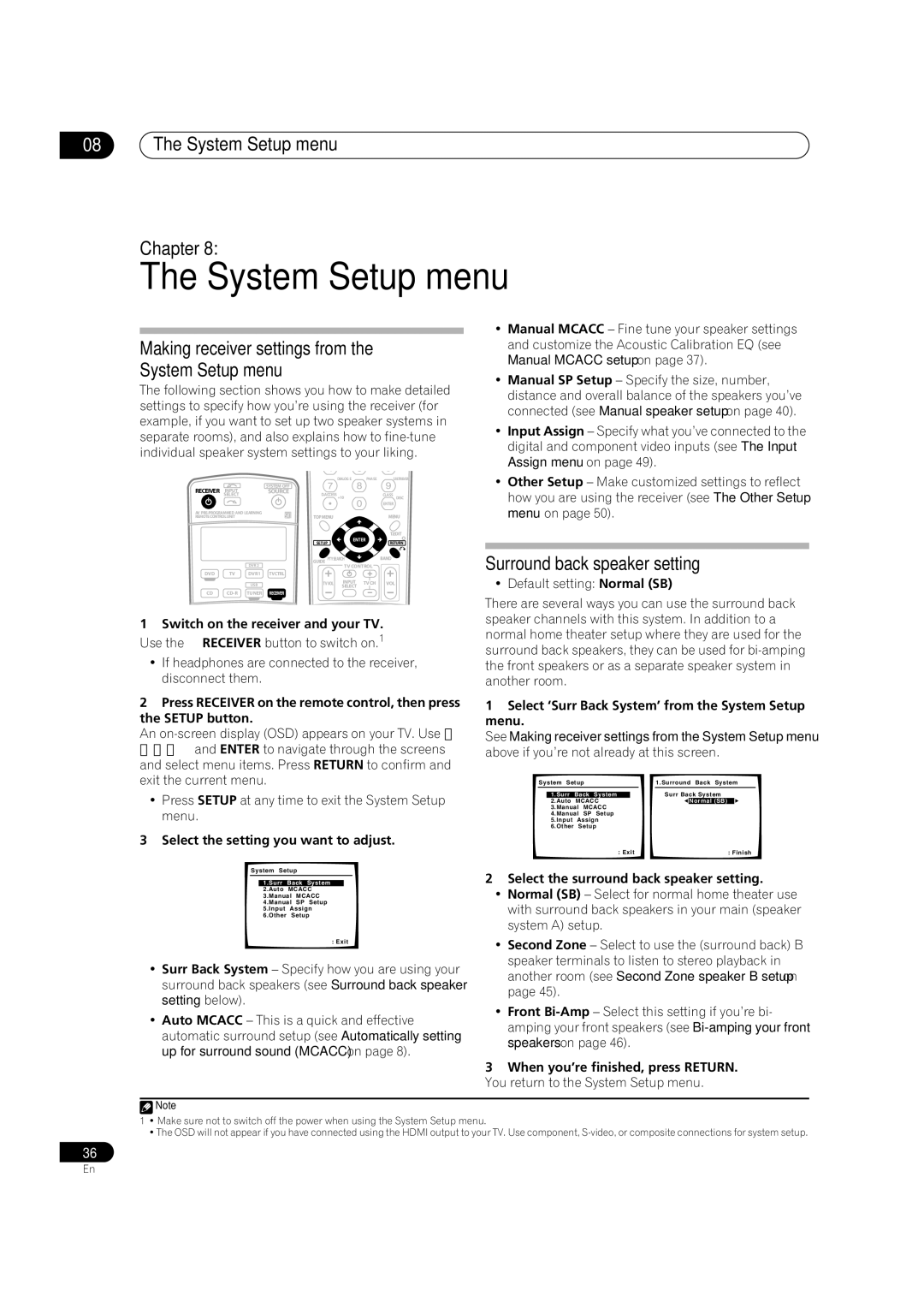 Pioneer VSX-1016V-K, VSX-1016V-S manual System Setup menu Chapter, Making receiver settings from the System Setup menu 