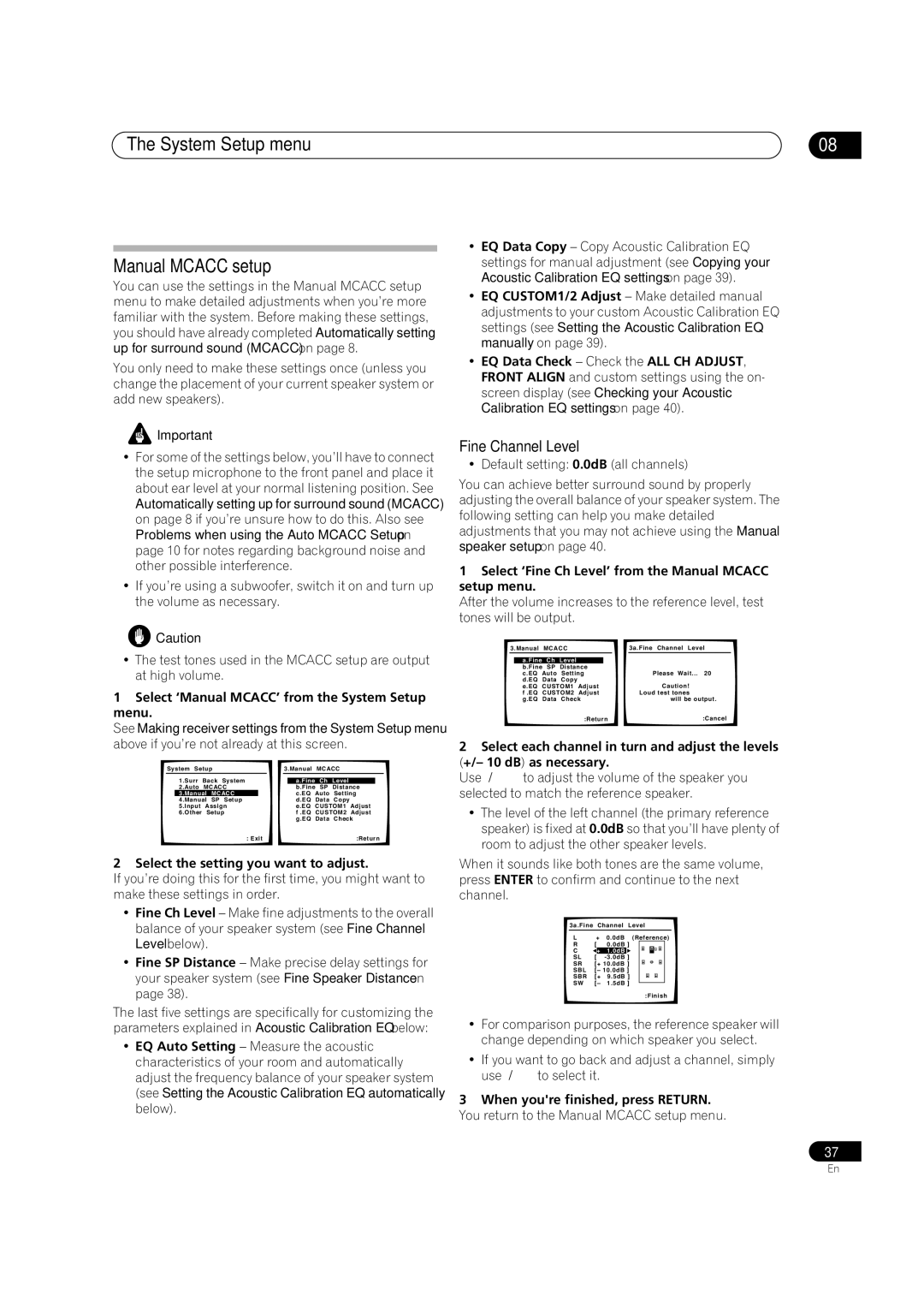 Pioneer VSX-1016V-S, VSX-1016V-K manual System Setup menu Manual Mcacc setup, Fine Channel Level 