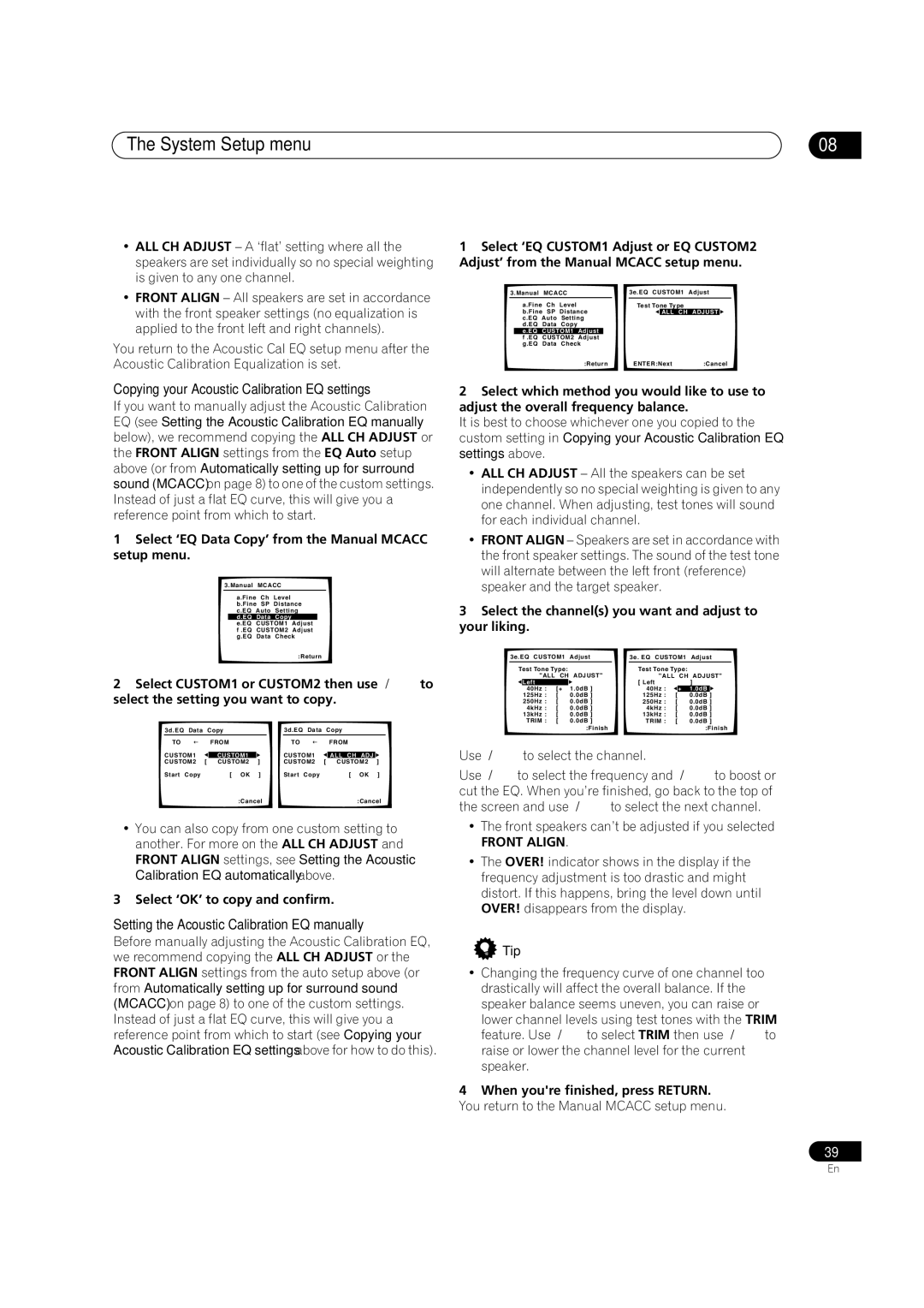 Pioneer VSX-1016V-S Copying your Acoustic Calibration EQ settings, Setting the Acoustic Calibration EQ manually 