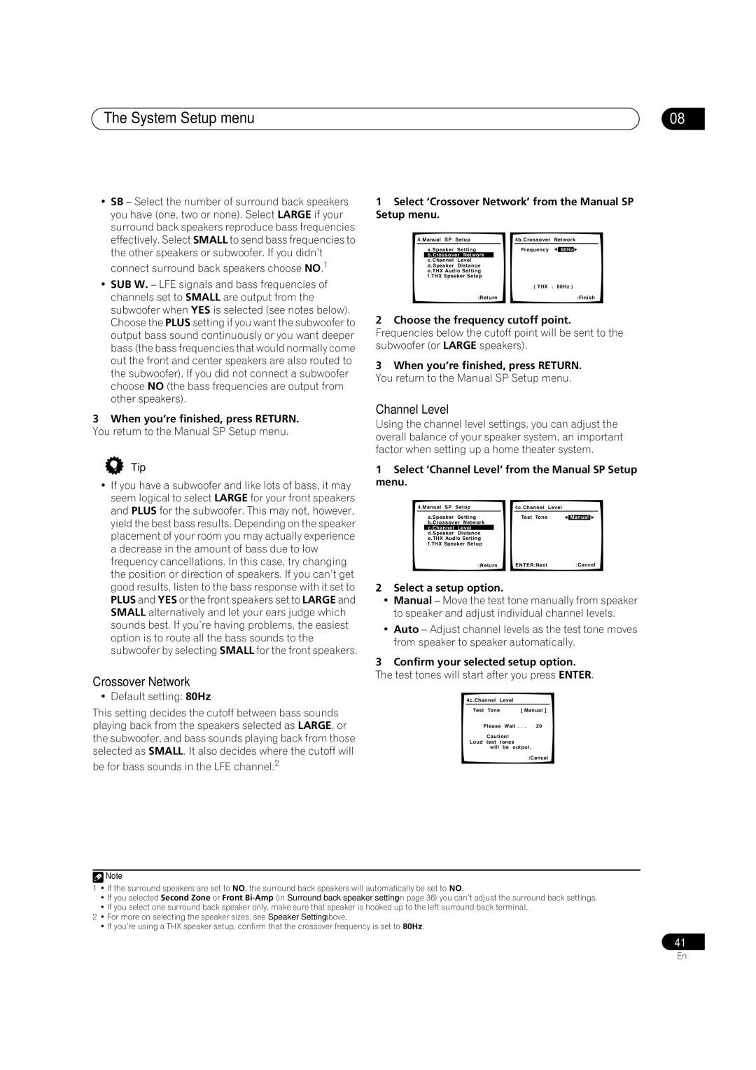 Pioneer VSX-1016V-S Crossover Network, Select ‘Channel Level’ from the Manual SP Setup menu, Select a setup option 