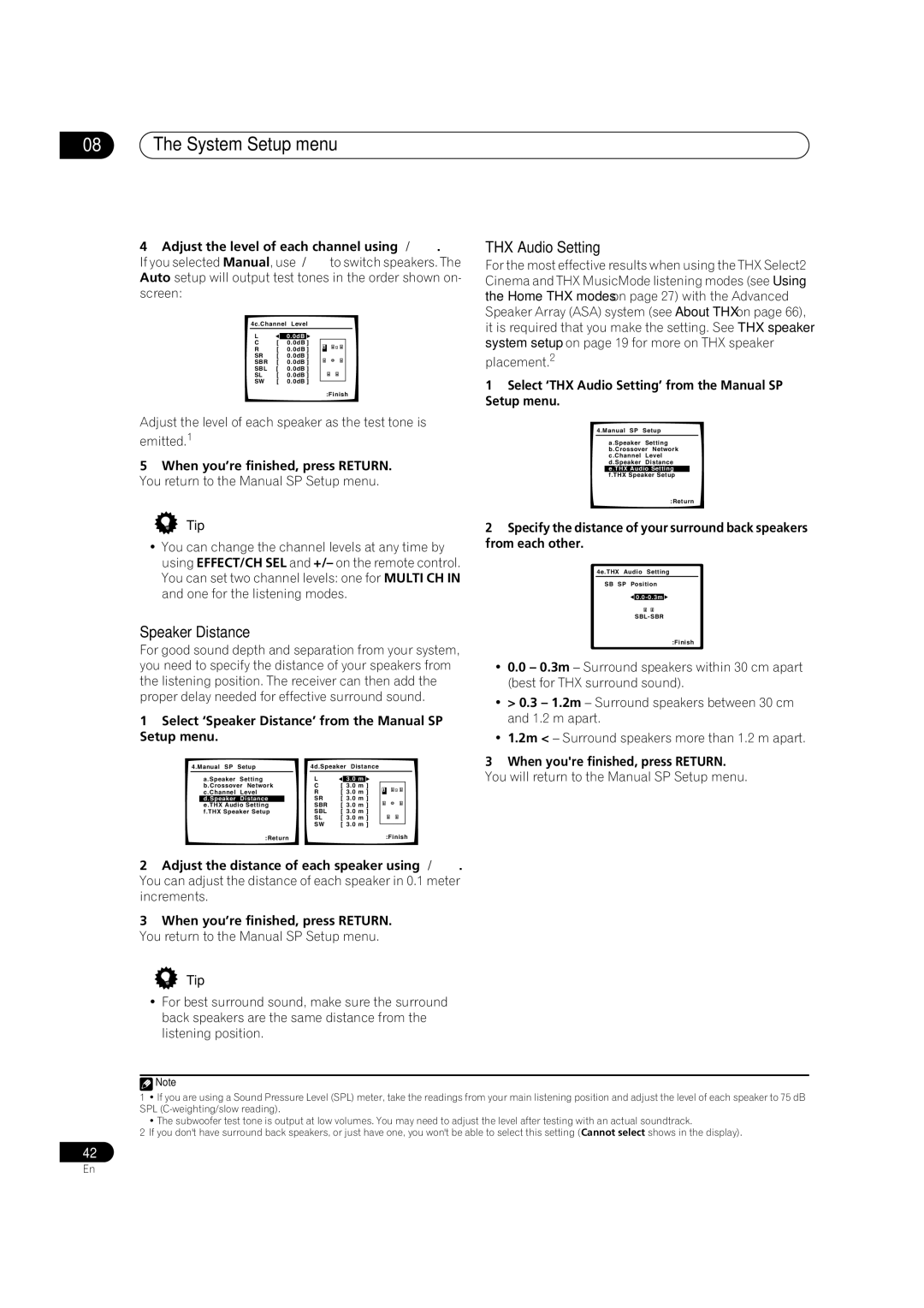 Pioneer VSX-1016V-K, VSX-1016V-S manual Speaker Distance, Select ‘THX Audio Setting’ from the Manual SP Setup menu 