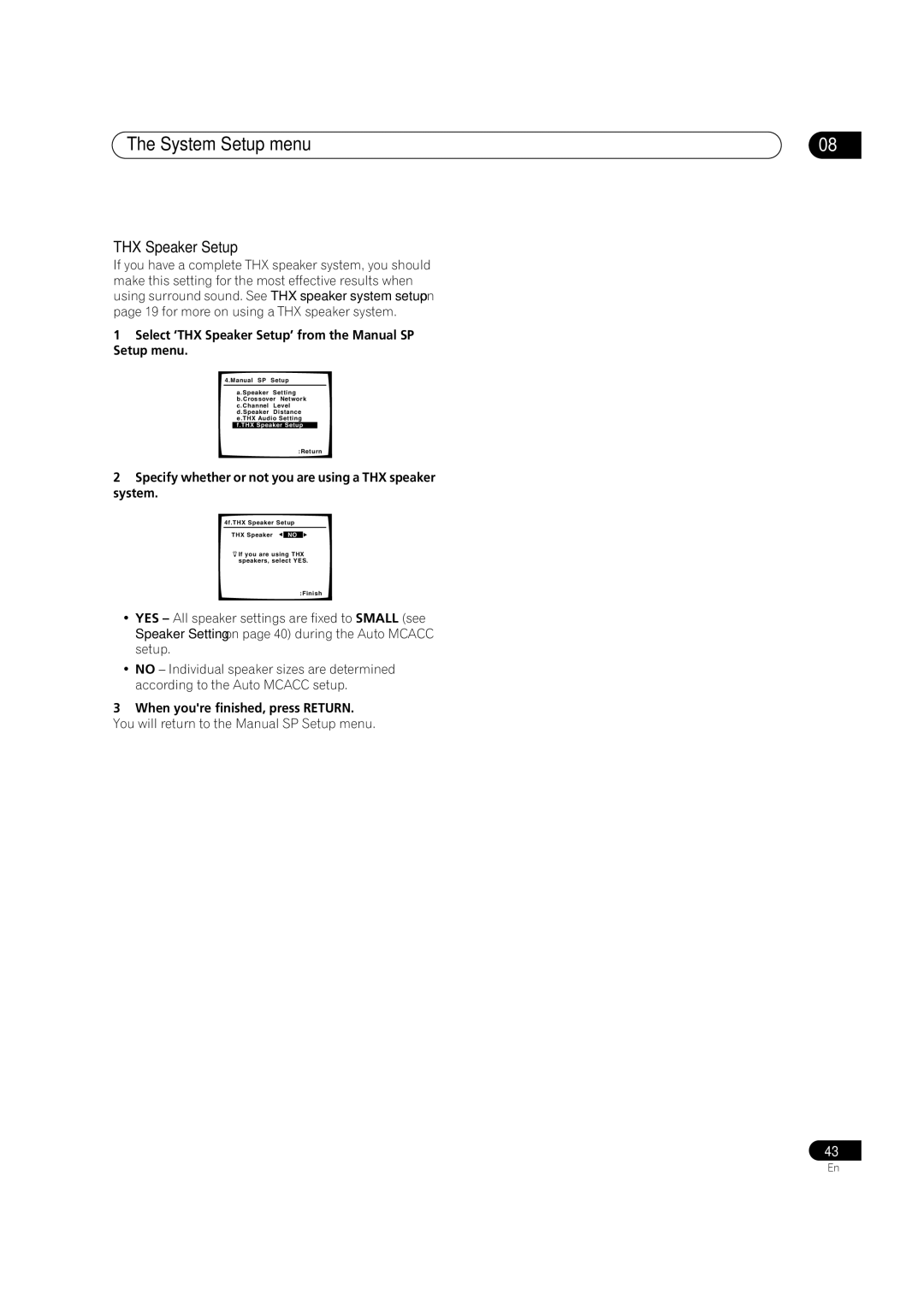 Pioneer VSX-1016V-S, VSX-1016V-K manual Select ‘THX Speaker Setup’ from the Manual SP Setup menu 