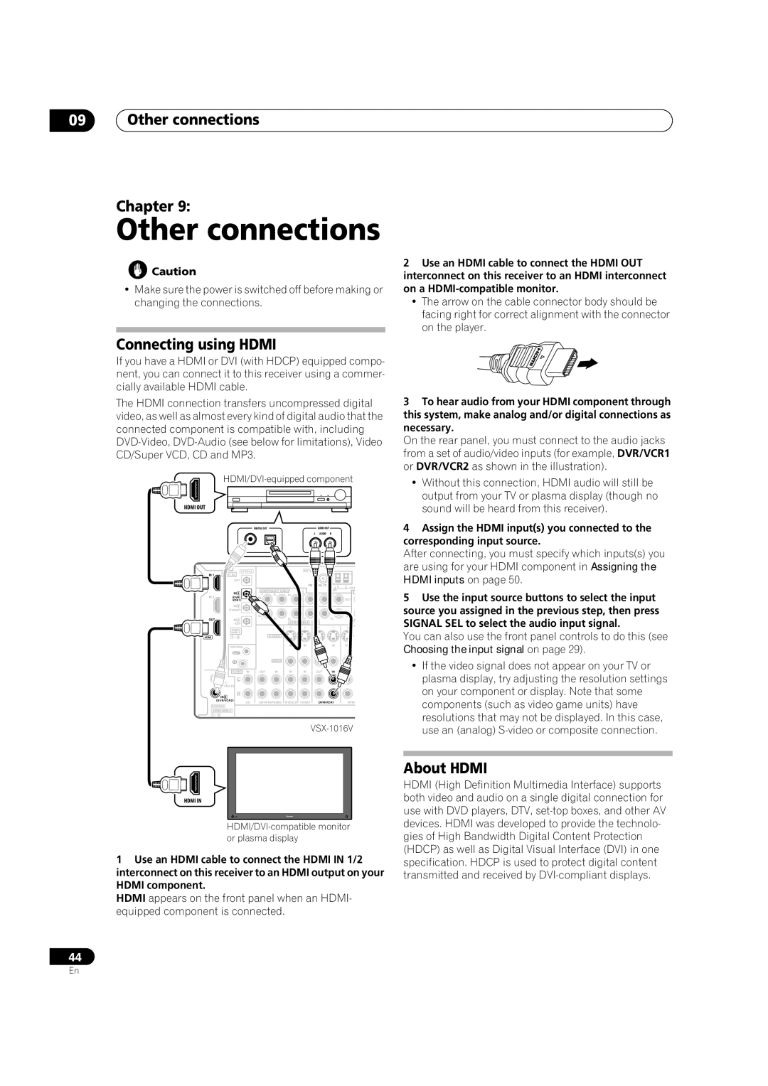 Pioneer VSX-1016V-K, VSX-1016V-S manual Other connections Chapter, Connecting using Hdmi, About Hdmi 