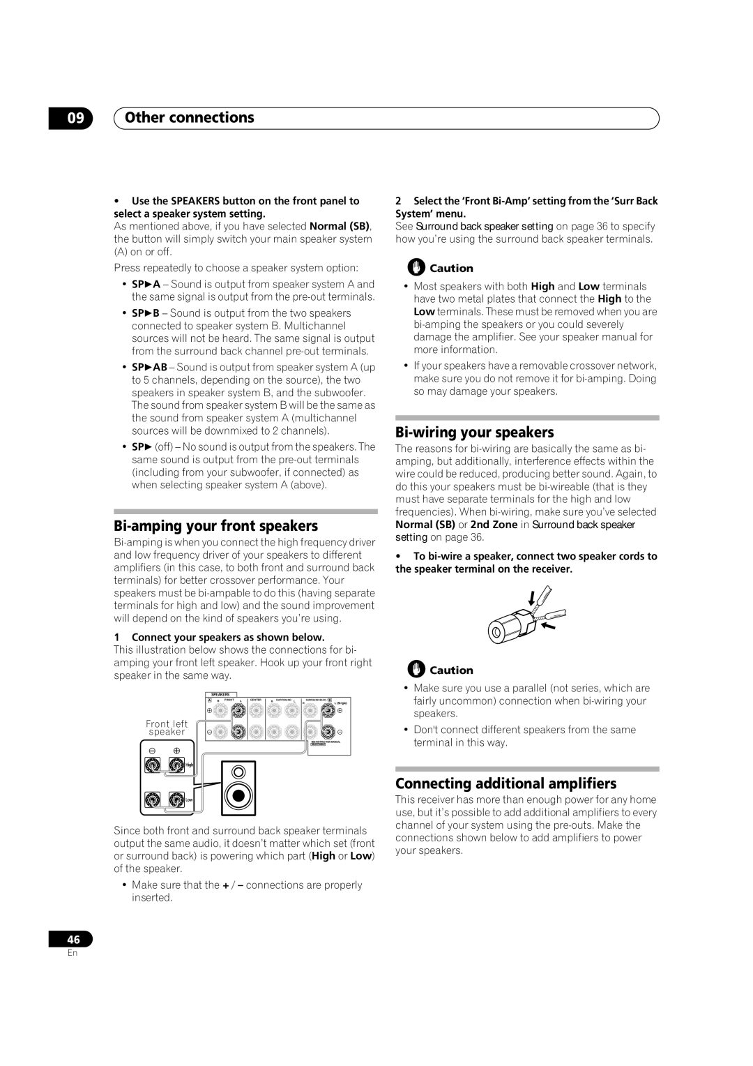 Pioneer VSX-1016V-K, VSX-1016V-S Bi-amping your front speakers, Bi-wiring your speakers, Connecting additional amplifiers 