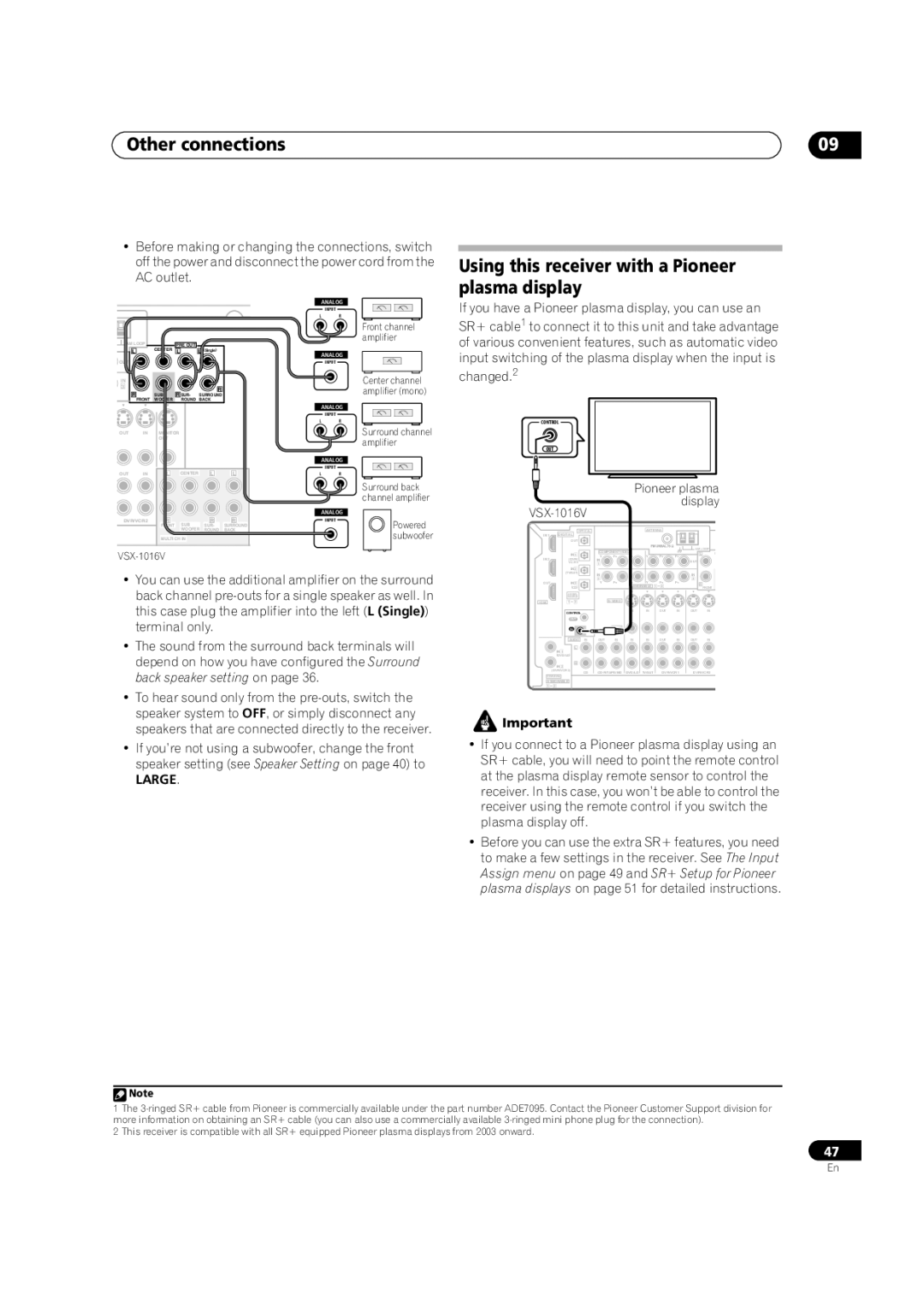 Pioneer VSX-1016V-S, VSX-1016V-K manual Using this receiver with a Pioneer plasma display, Large 