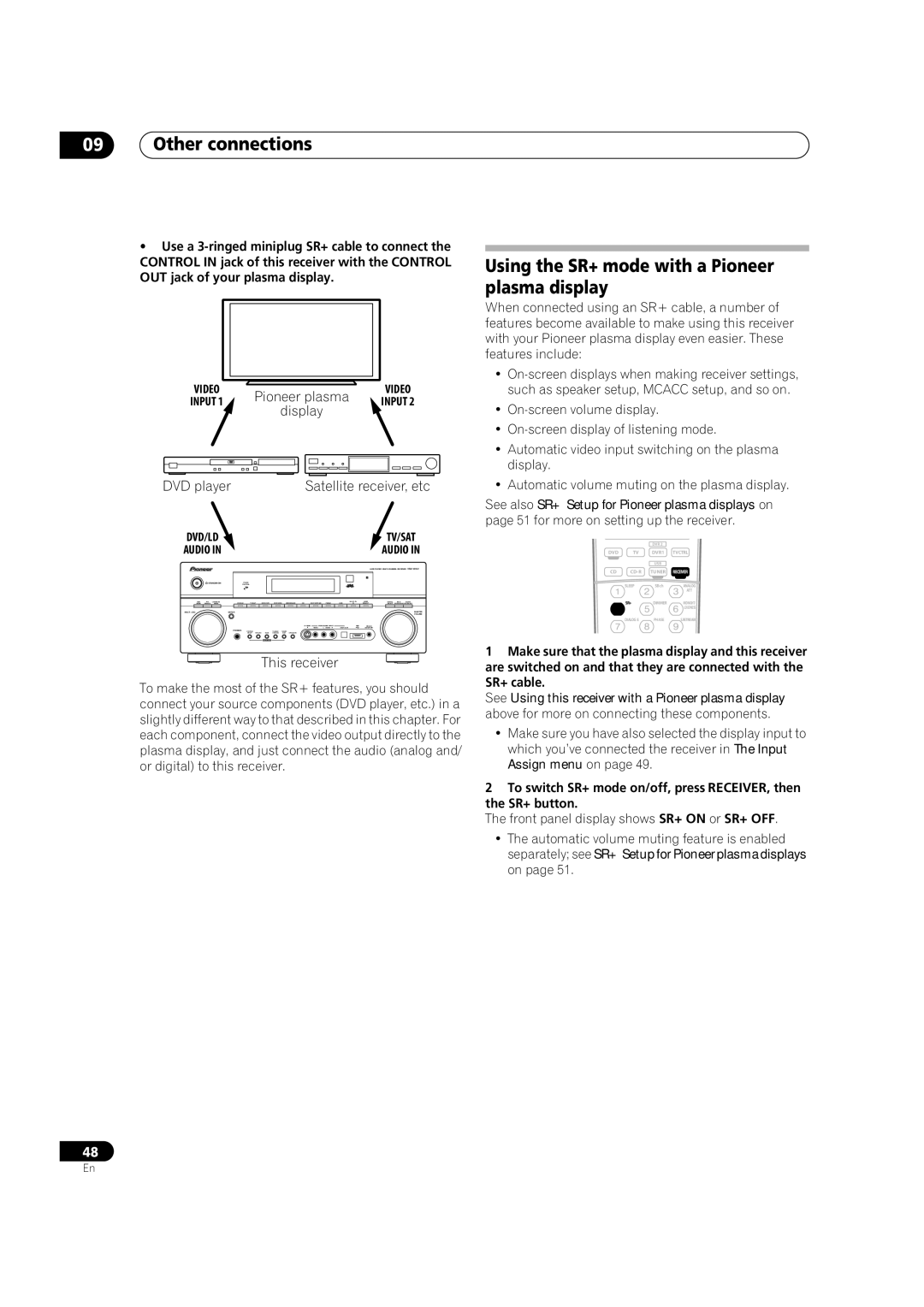 Pioneer VSX-1016V-K, VSX-1016V-S manual Using the SR+ mode with a Pioneer plasma display, DVD player, Dvd/Ld, Audio 