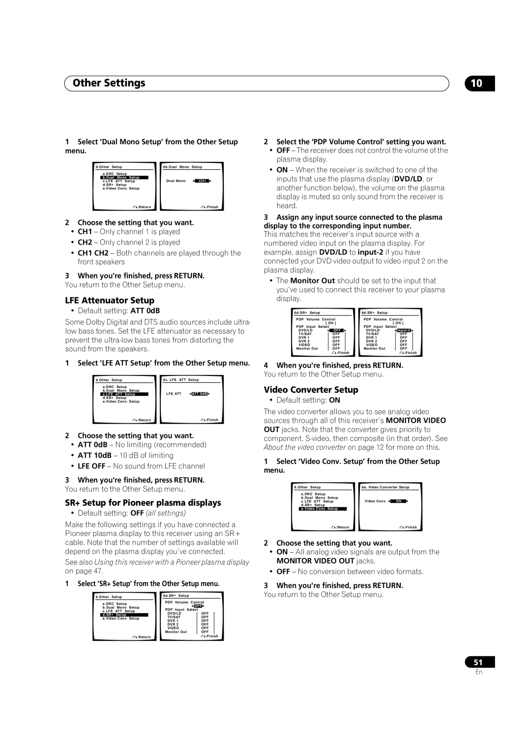 Pioneer VSX-1016V-S, VSX-1016V-K manual LFE Attenuator Setup, SR+ Setup for Pioneer plasma displays, Video Converter Setup 