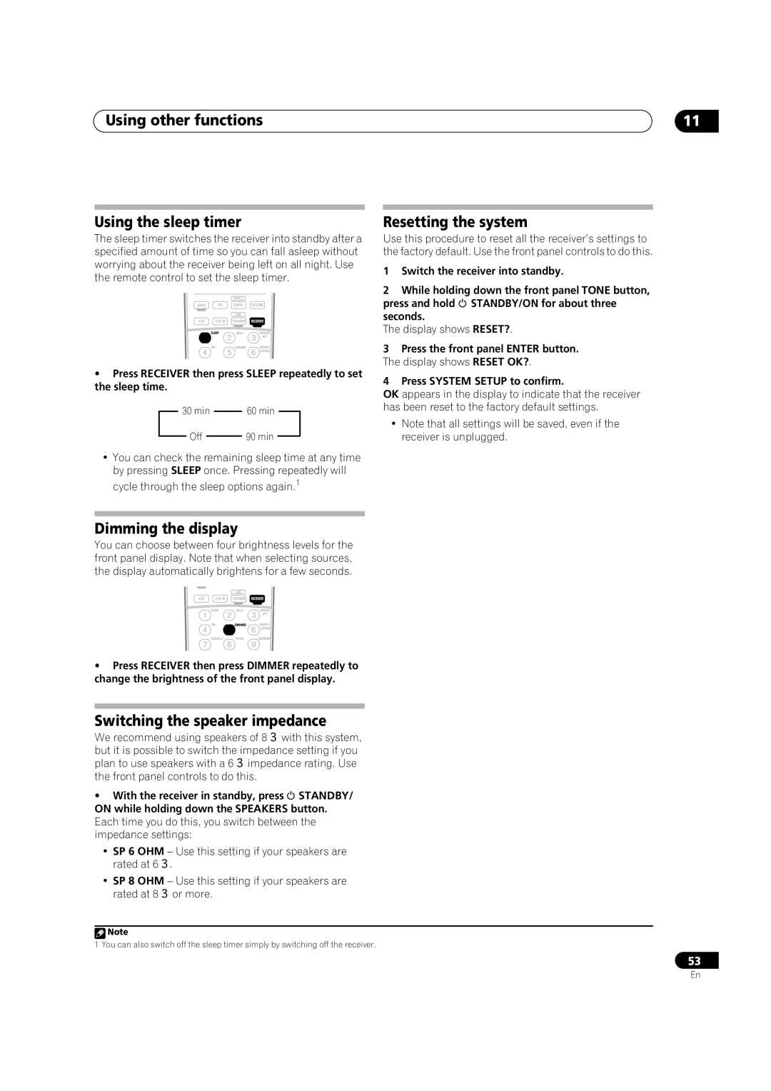 Pioneer VSX-1016V-S, VSX-1016V-K Using other functions Using the sleep timer, Resetting the system, Dimming the display 