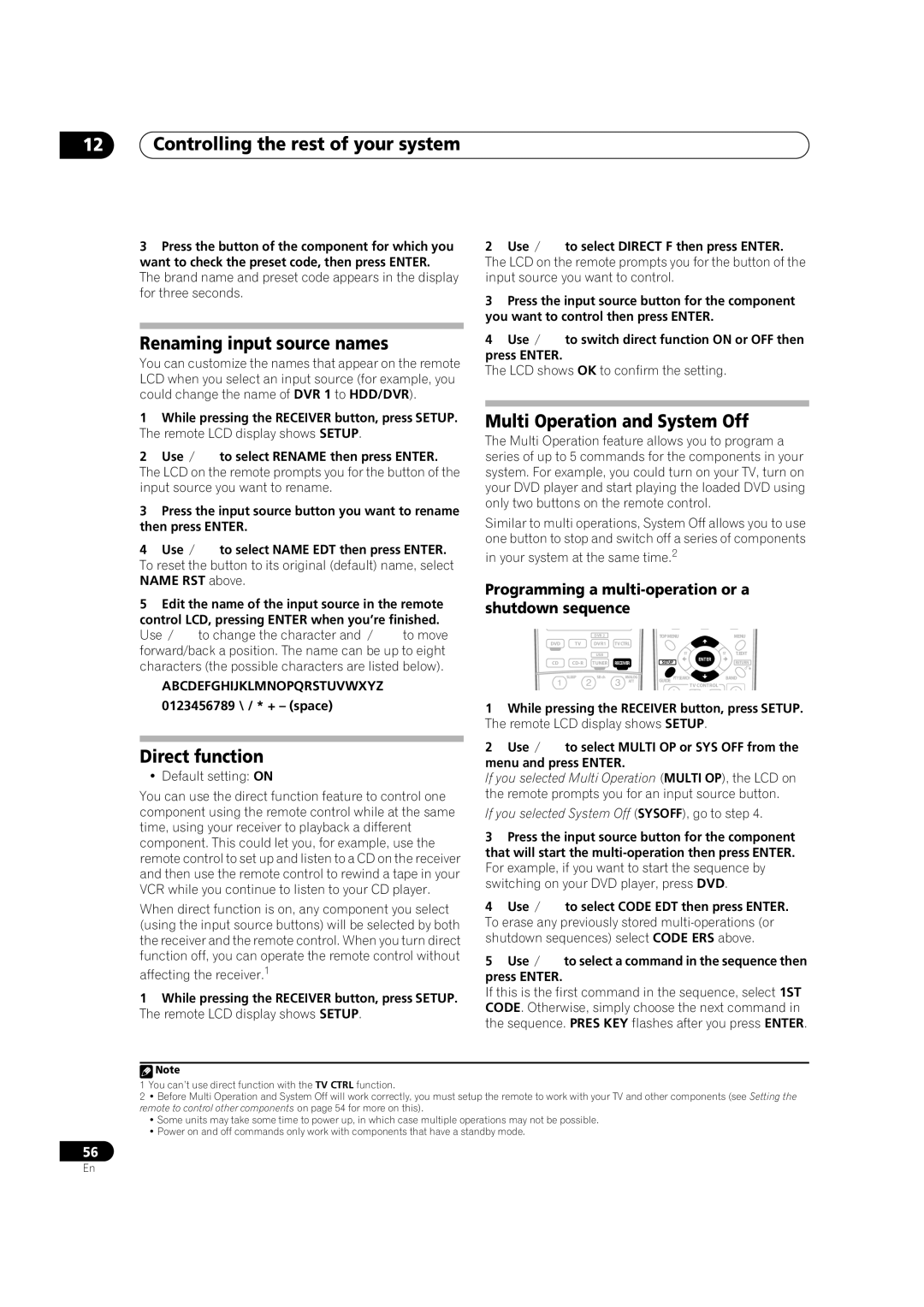 Pioneer VSX-1016V-K, VSX-1016V-S manual Renaming input source names, Multi Operation and System Off, Direct function 