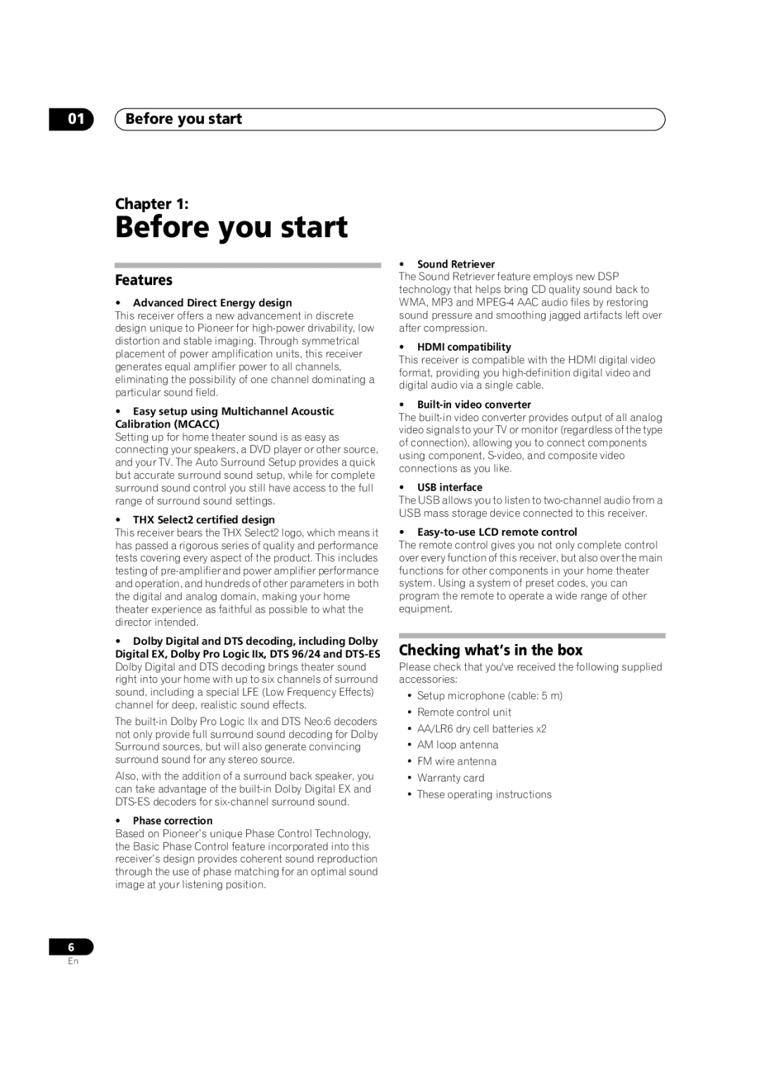 Pioneer VSX-1016V-K, VSX-1016V-S manual Before you start Chapter, Features, Checking what’s in the box 