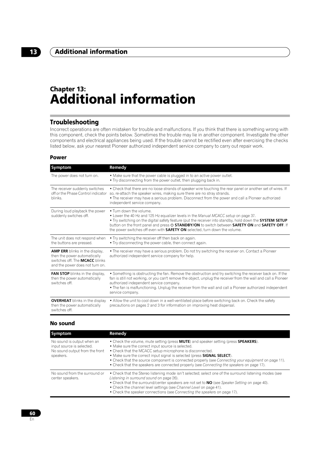 Pioneer VSX-1016V-K, VSX-1016V-S manual Additional information Chapter, Troubleshooting, Power, No sound 