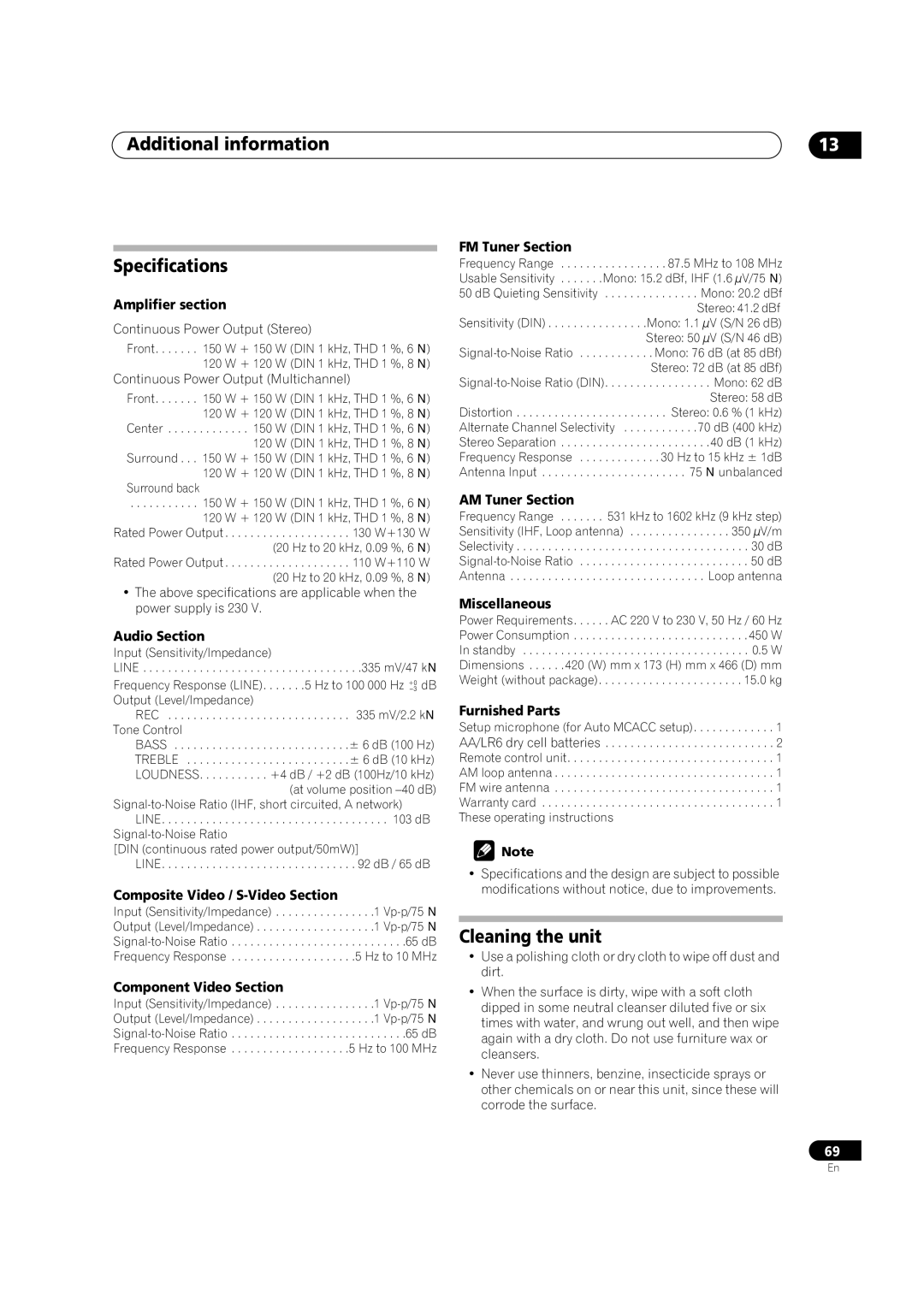 Pioneer VSX-1016V-S, VSX-1016V-K manual Additional information Specifications, Cleaning the unit 