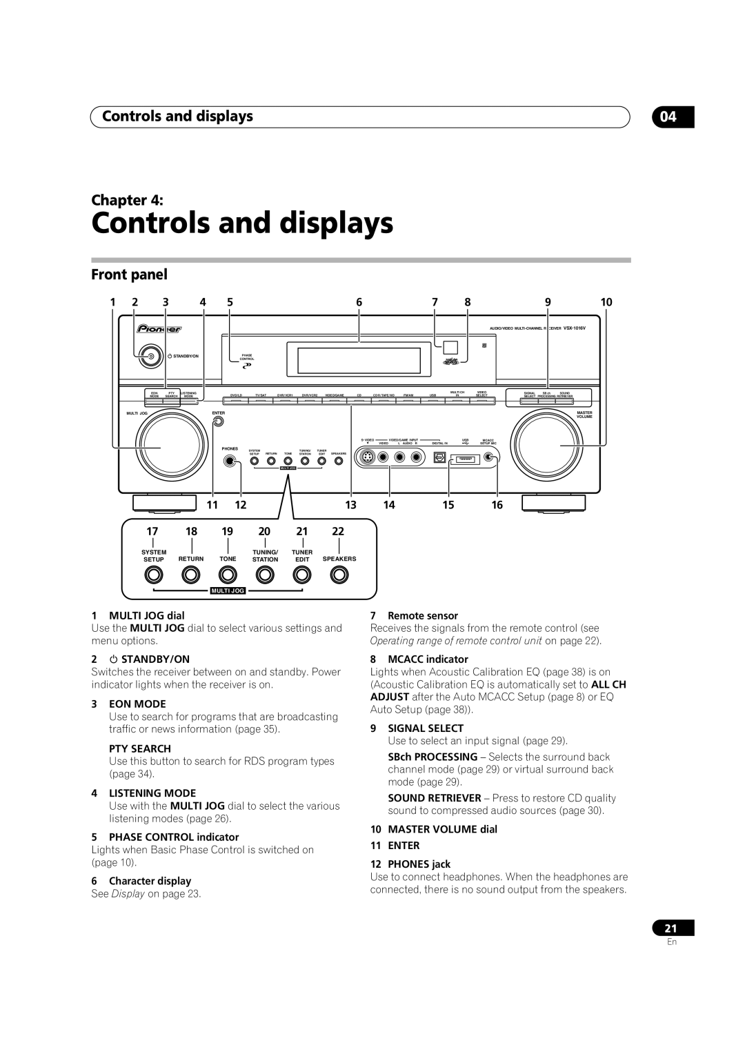 Pioneer VSX-1016V-S, VSX-1016V-K manual Controls and displays, Front panel, Chapter 