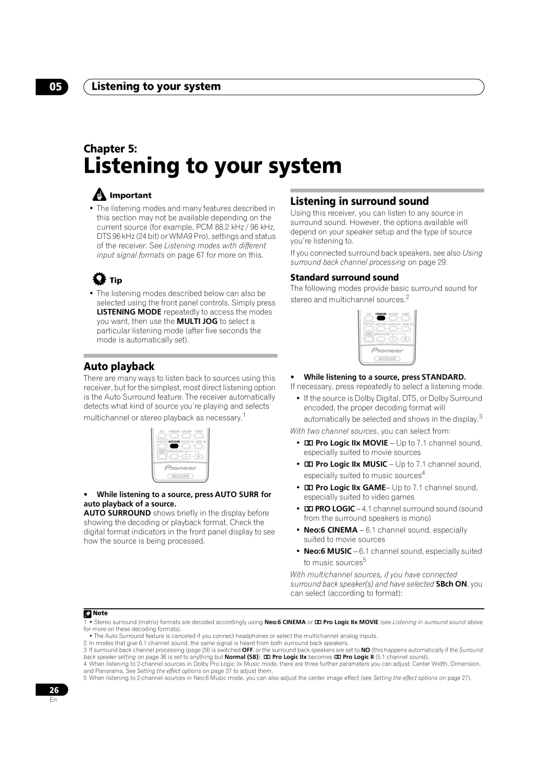 Pioneer VSX-1016V-K, VSX-1016V-S manual 05Listening to your system Chapter, Auto playback, Listening in surround sound 
