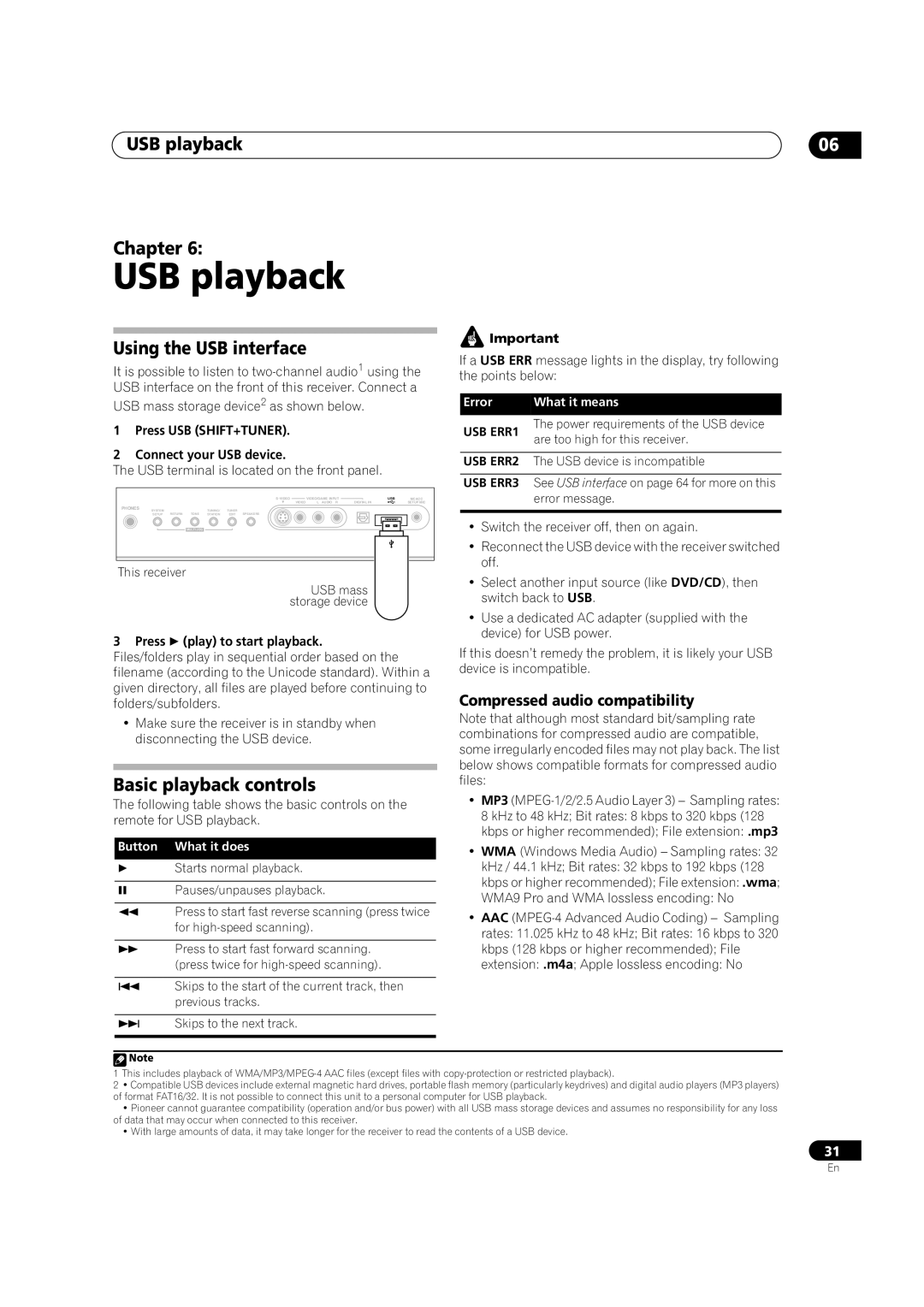 Pioneer VSX-1016V-S manual USB playback Chapter, Using the USB interface, Basic playback controls, Error, What it means 