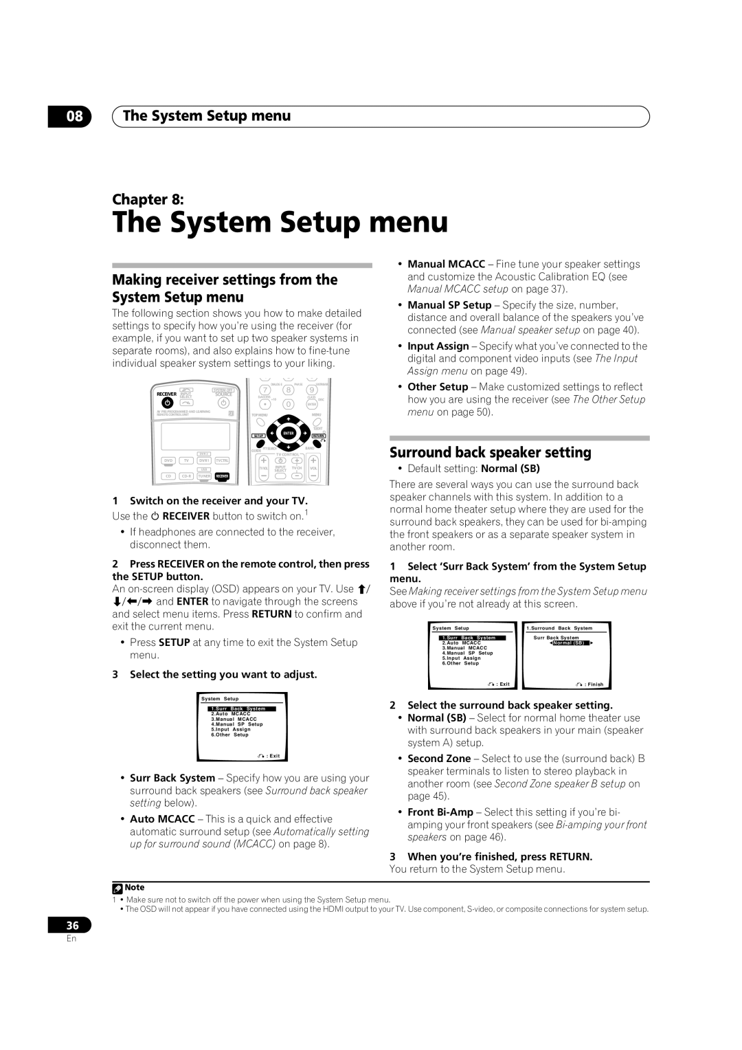 Pioneer VSX-1016V-K, VSX-1016V-S manual 08The System Setup menu Chapter, Surround back speaker setting 