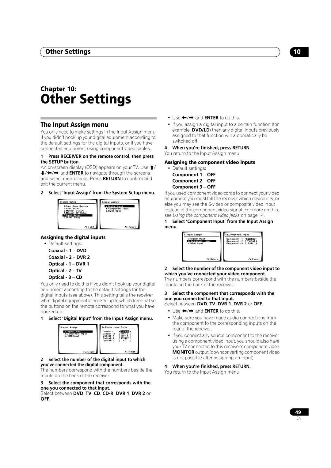 Pioneer VSX-1016V-S, VSX-1016V-K manual Other Settings Chapter, The Input Assign menu, Assigning the digital inputs 