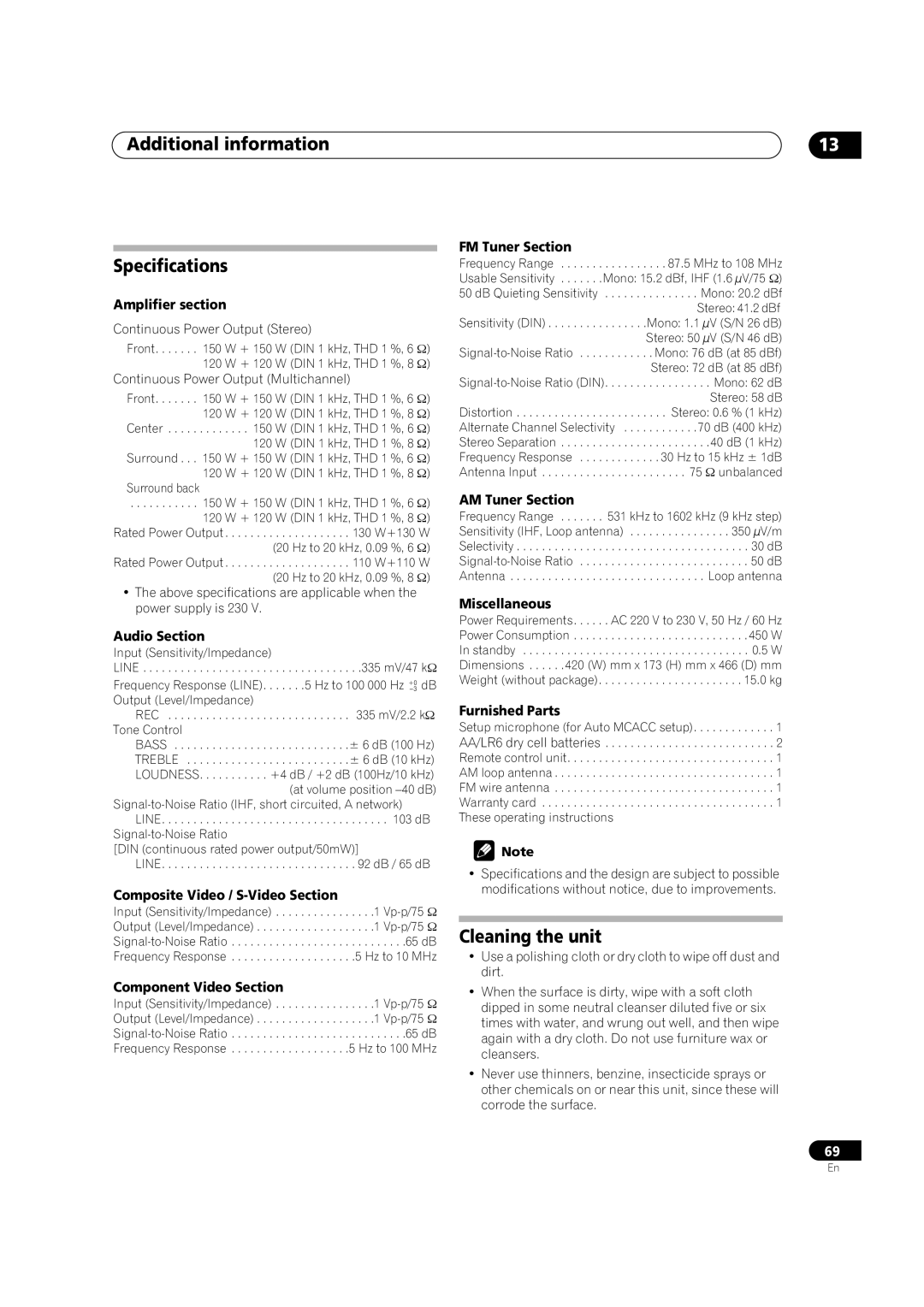 Pioneer VSX-1016V-S manual Additional information Specifications, Cleaning the unit, Amplifier section, Audio Section 