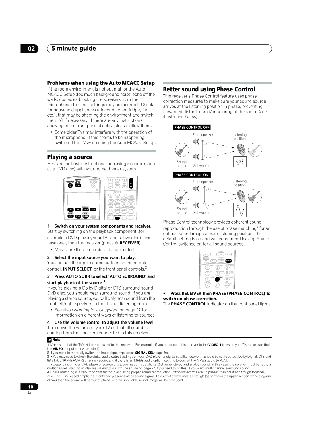 Pioneer VSX-1017AV-S, VSX-1017AV-K manual 02 5 minute guide, Playing a source, Better sound using Phase Control 