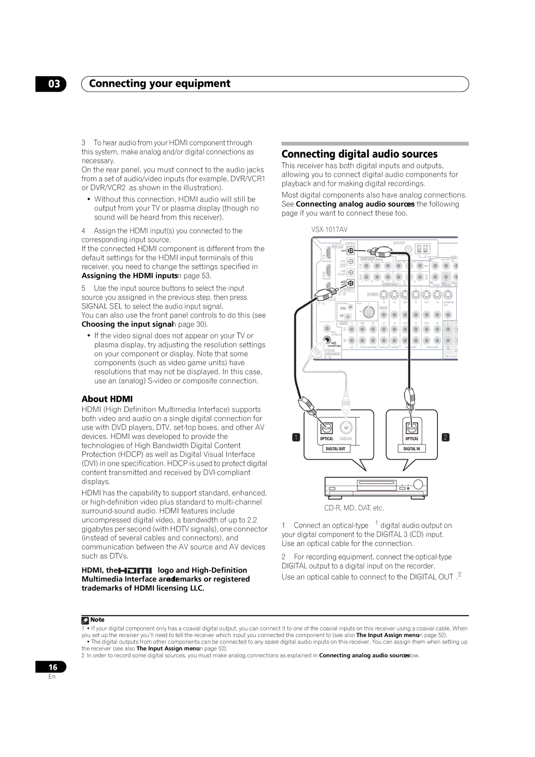 Pioneer VSX-1017AV-S, VSX-1017AV-K manual Connecting digital audio sources, About Hdmi, CD-R, MD, DAT, etc 