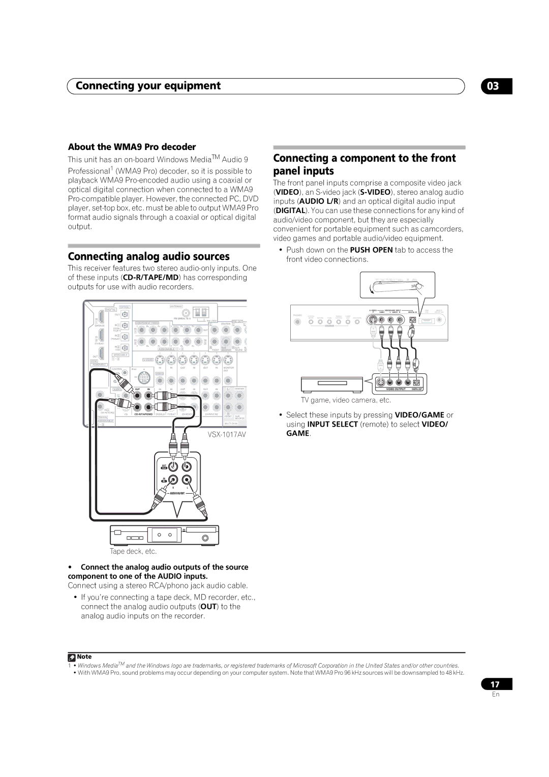 Pioneer VSX-1017AV-K, VSX-1017AV-S manual Connecting analog audio sources, About the WMA9 Pro decoder, Tape deck, etc 