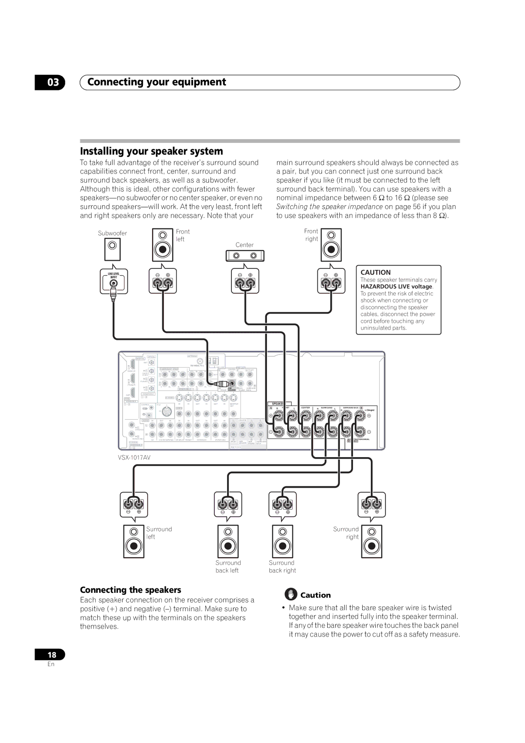 Pioneer VSX-1017AV-S, VSX-1017AV-K manual Connecting your equipment Installing your speaker system, Connecting the speakers 