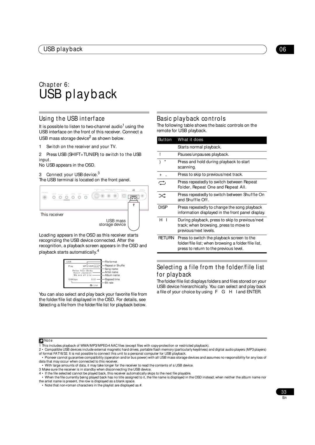 Pioneer VSX-1017AV-K, VSX-1017AV-S manual USB playback Chapter, Using the USB interface, Basic playback controls 