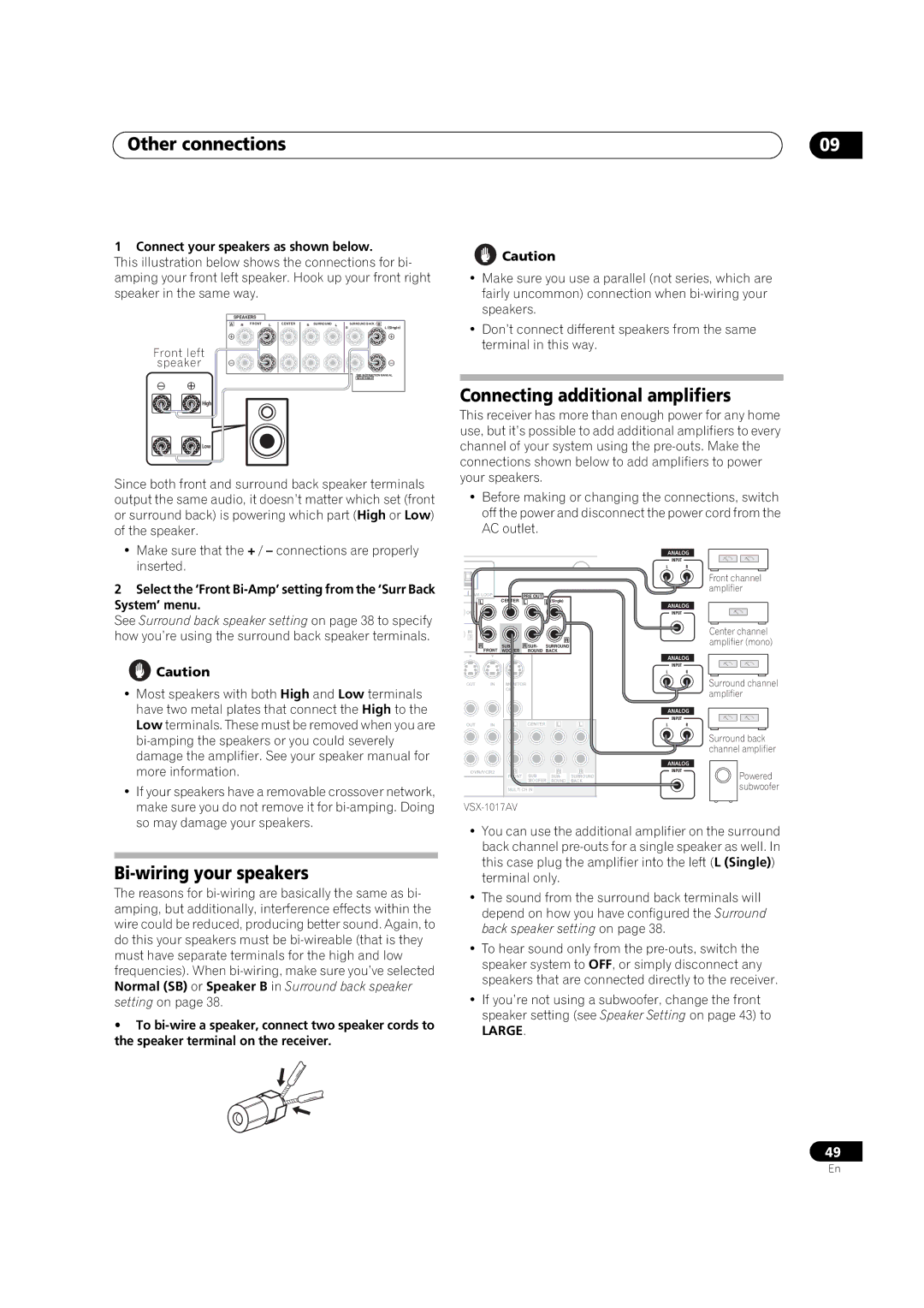 Pioneer VSX-1017AV-K, VSX-1017AV-S manual Connecting additional amplifiers, Bi-wiring your speakers, Large 