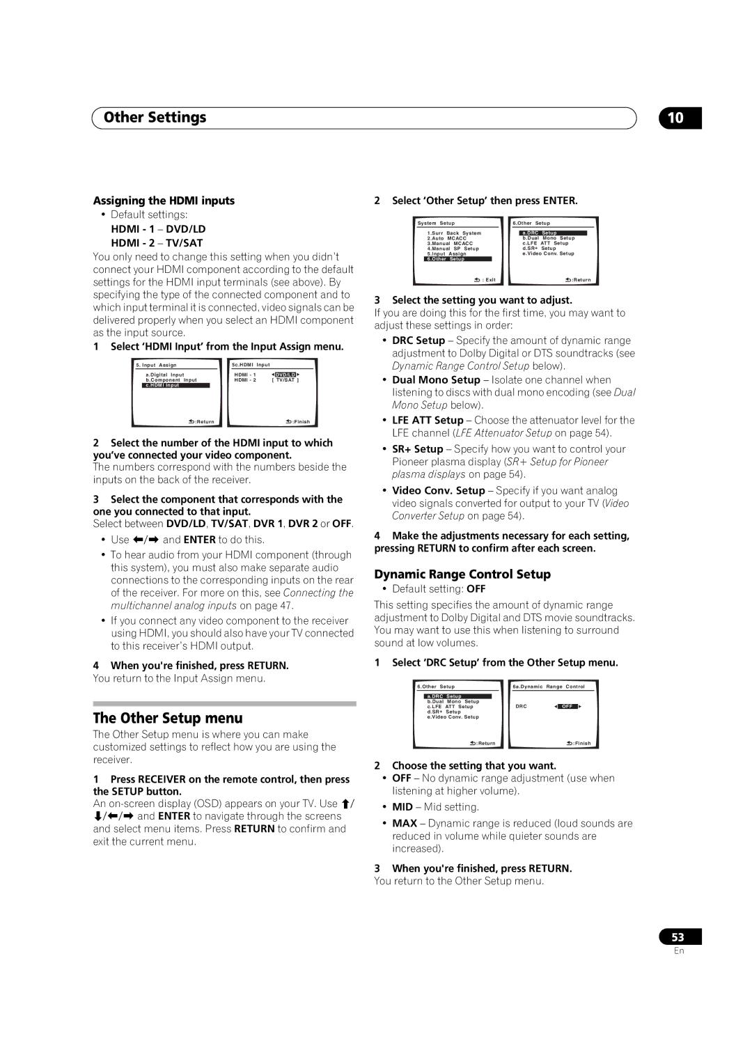 Pioneer VSX-1017AV-K manual Other Settings, Other Setup menu, Dynamic Range Control Setup, Assigning the Hdmi inputs 