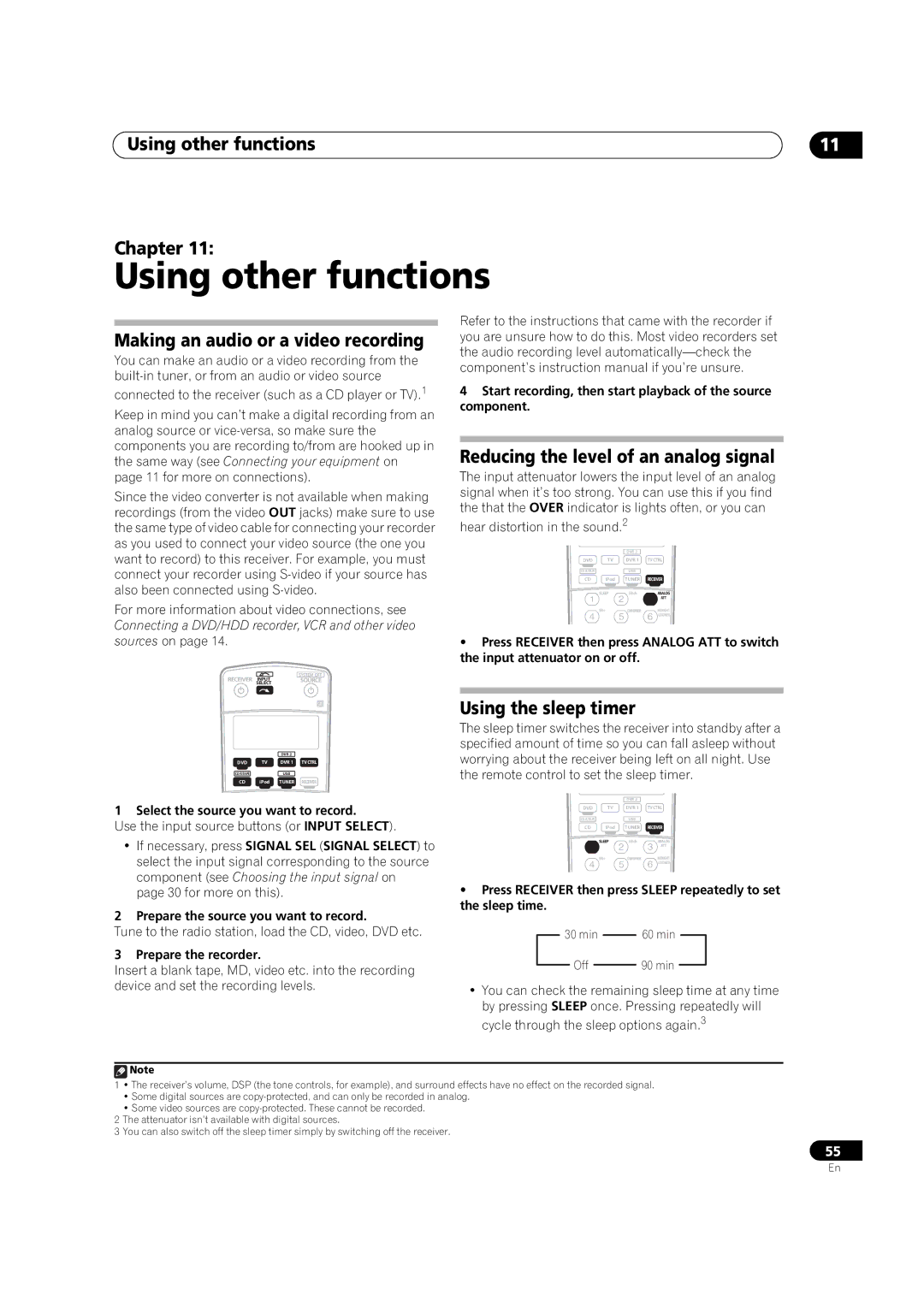 Pioneer VSX-1017AV-K manual Using other functions Chapter, Making an audio or a video recording, Using the sleep timer 