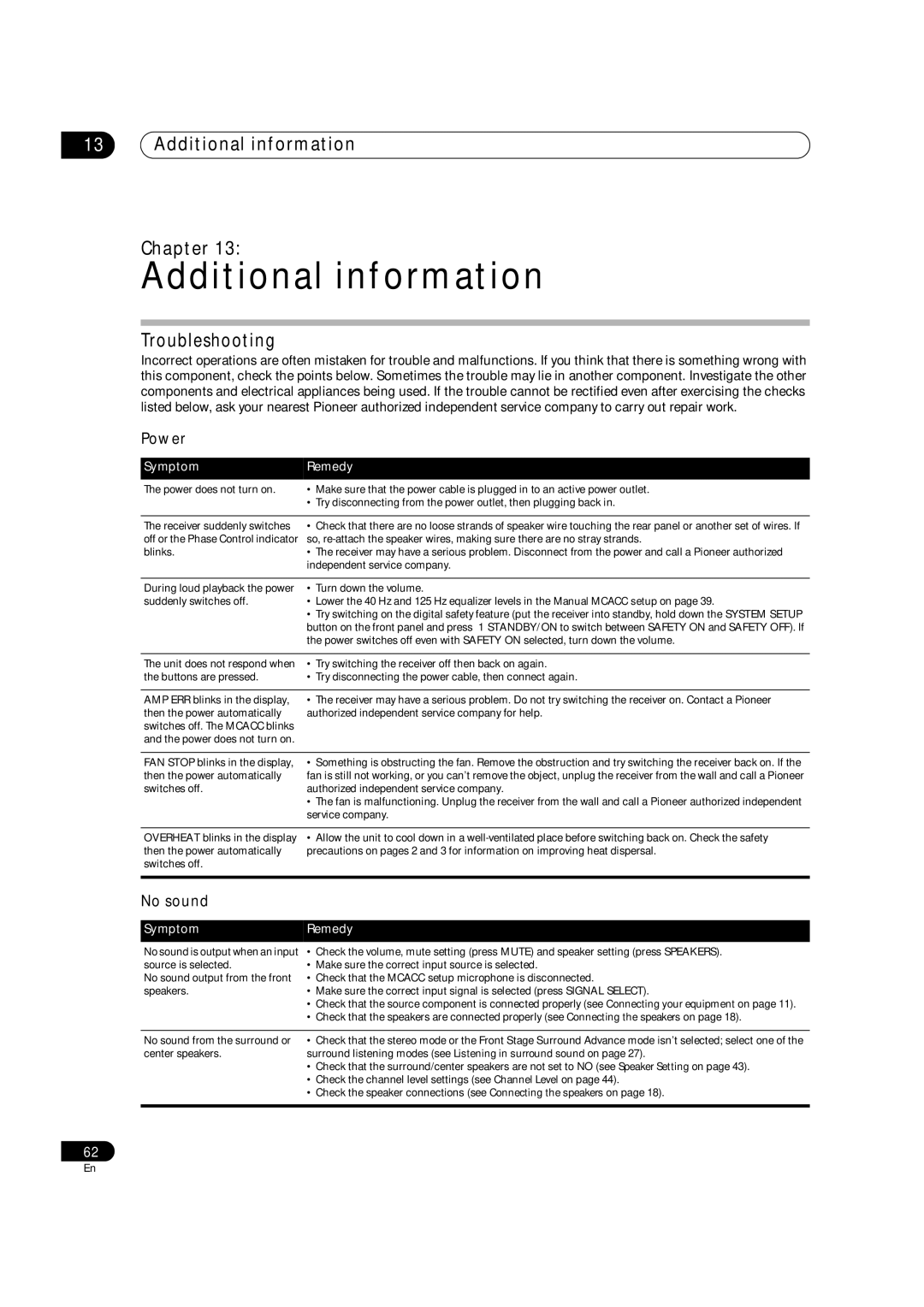 Pioneer VSX-1017AV-S, VSX-1017AV-K manual Additional information Chapter, Troubleshooting, Power, No sound 