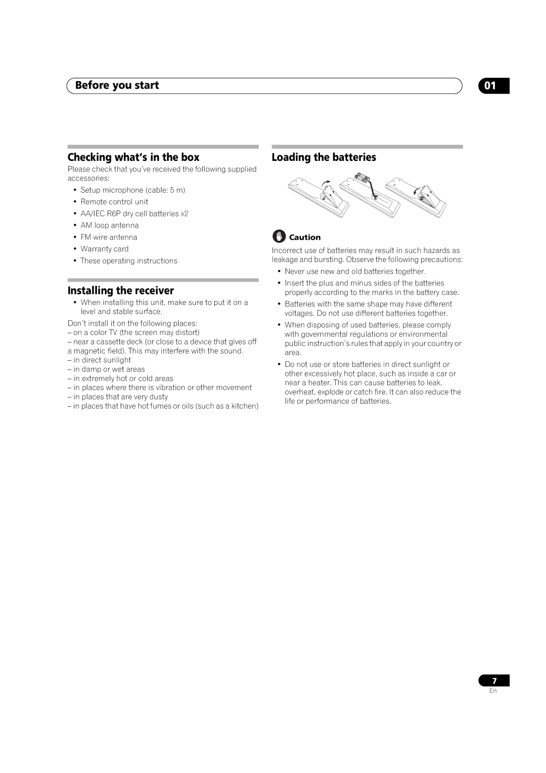 Pioneer VSX-1017AV-K manual Before you start Checking what’s in the box, Installing the receiver, Loading the batteries 