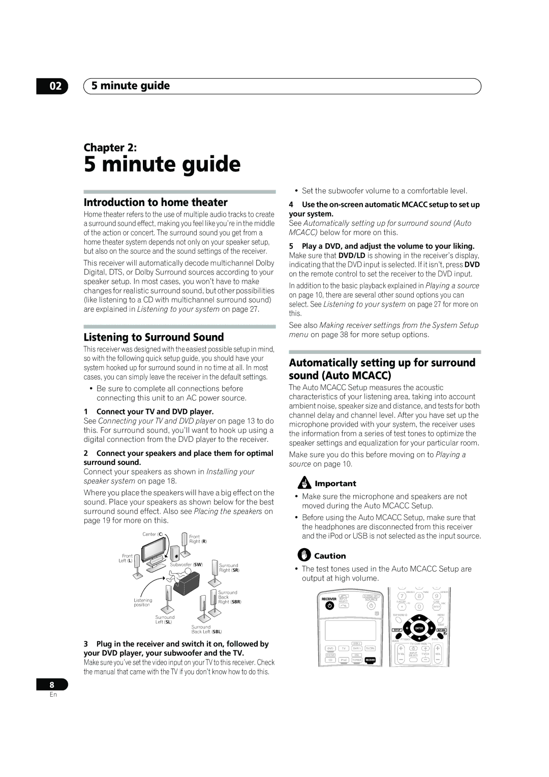 Pioneer VSX-1017AV-S Minute guide, 02 5 minute guide Chapter, Introduction to home theater, Listening to Surround Sound 