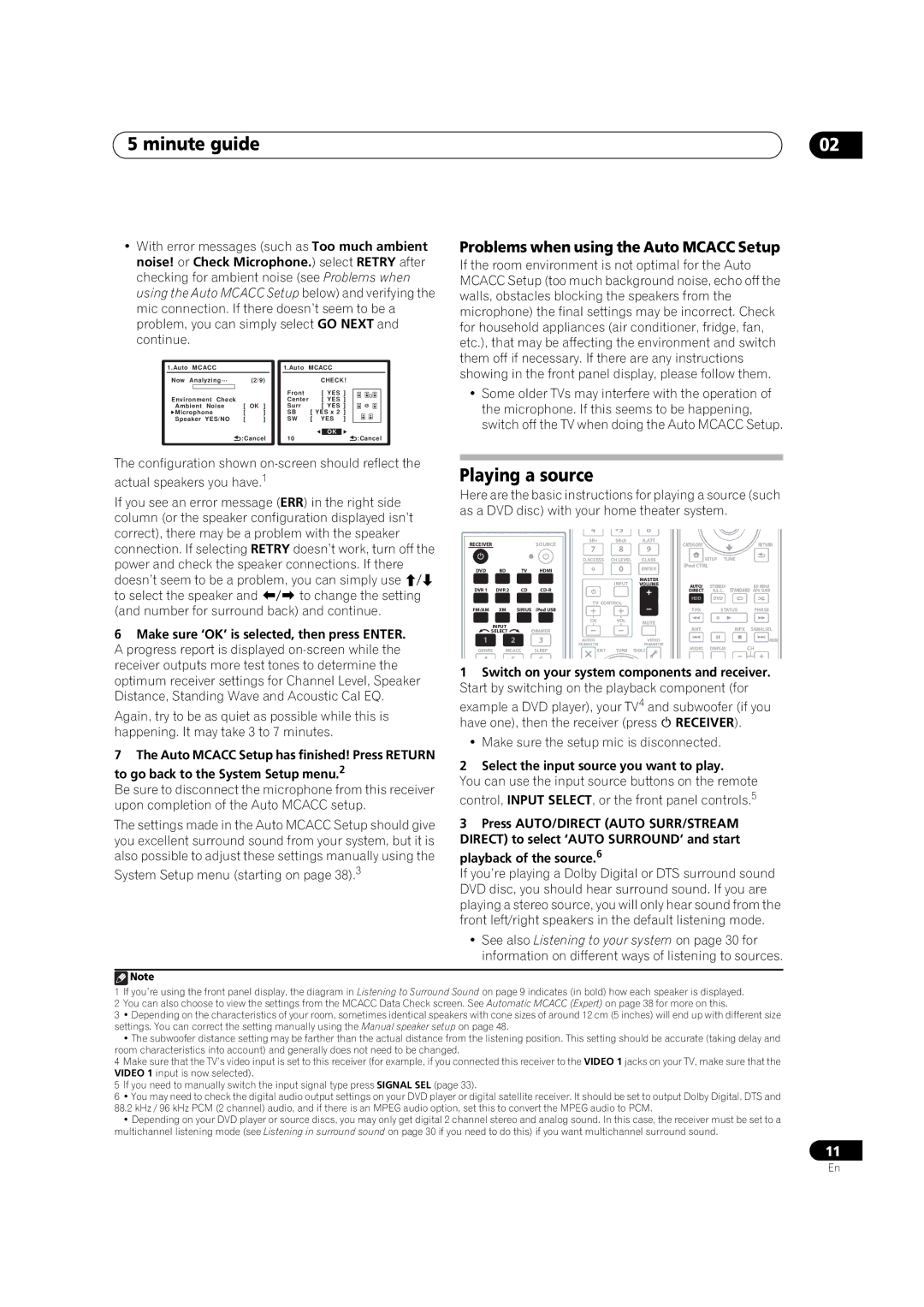 Pioneer VSX-1018AH-K 7 operating instructions Minute guide, Playing a source, Problems when using the Auto Mcacc Setup 