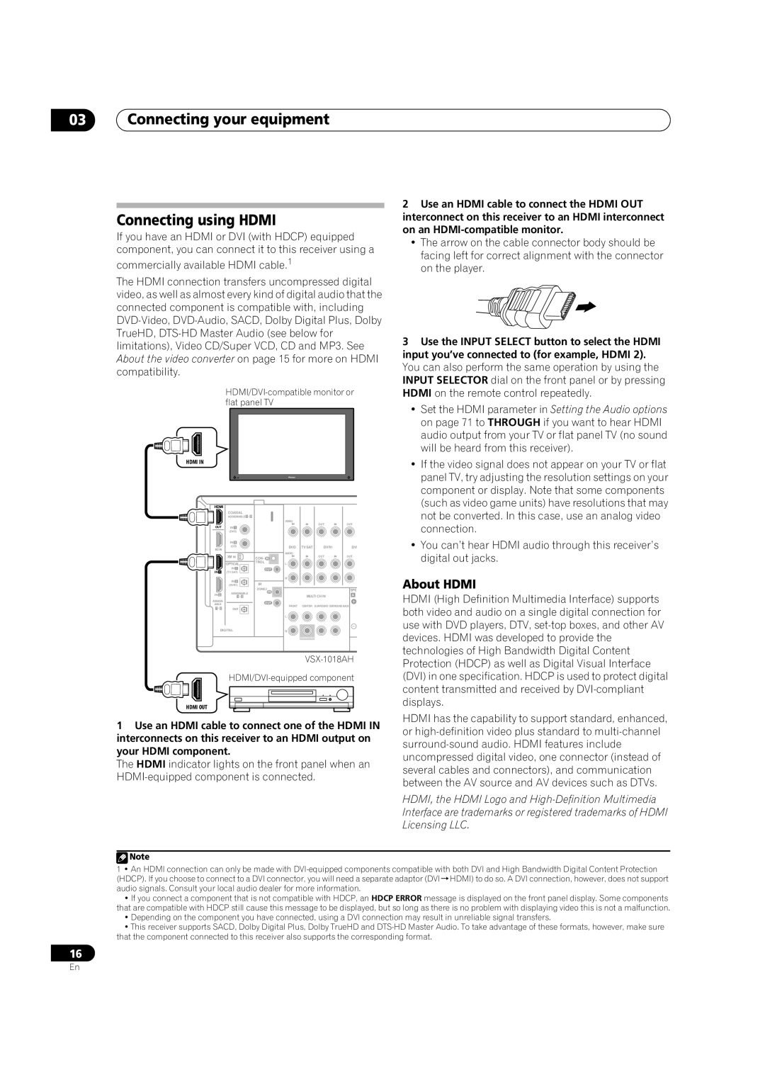 Pioneer VSX-1018AH-K 7 operating instructions Connecting your equipment Connecting using Hdmi, About Hdmi 