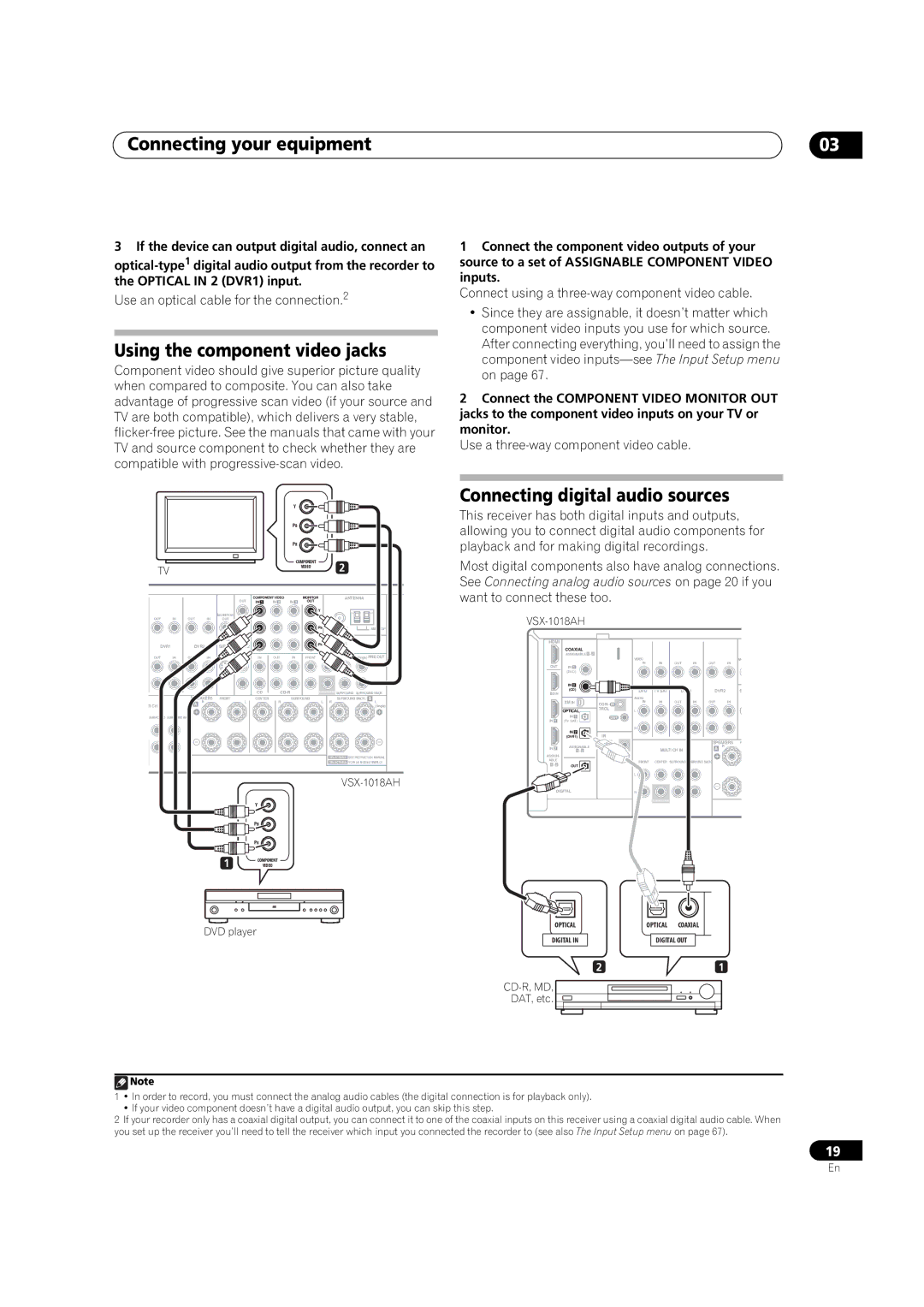 Pioneer VSX-1018AH-K 7 operating instructions Using the component video jacks, Connecting digital audio sources 