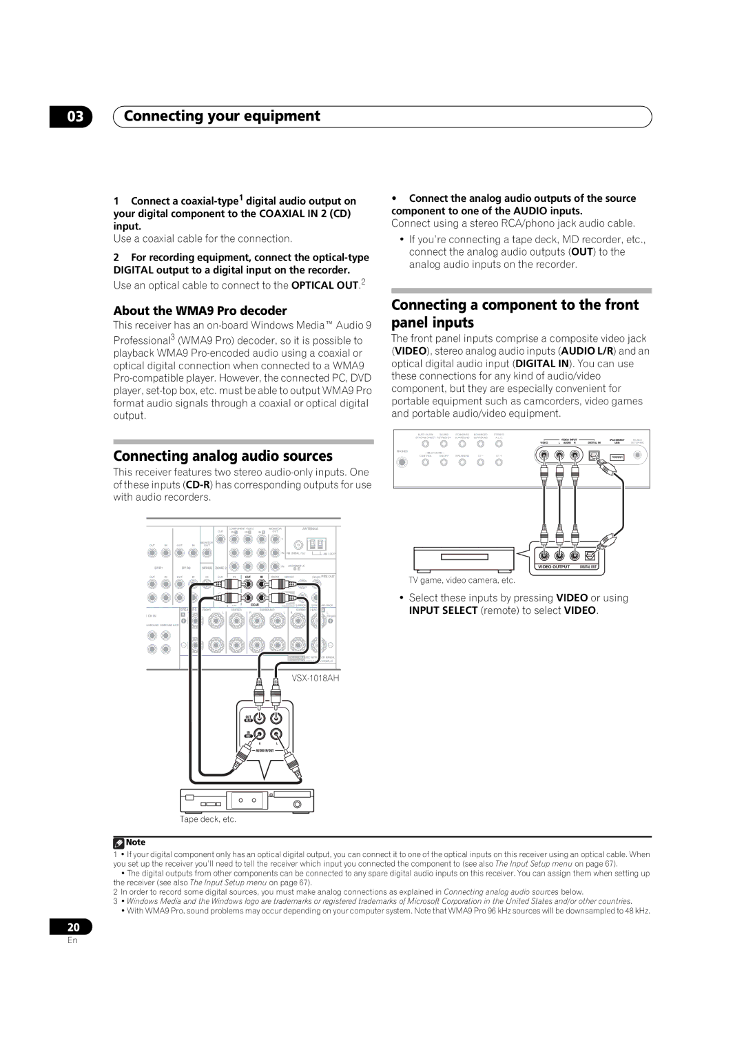 Pioneer VSX-1018AH-K 7 Connecting analog audio sources, Connecting a component to the front panel inputs 